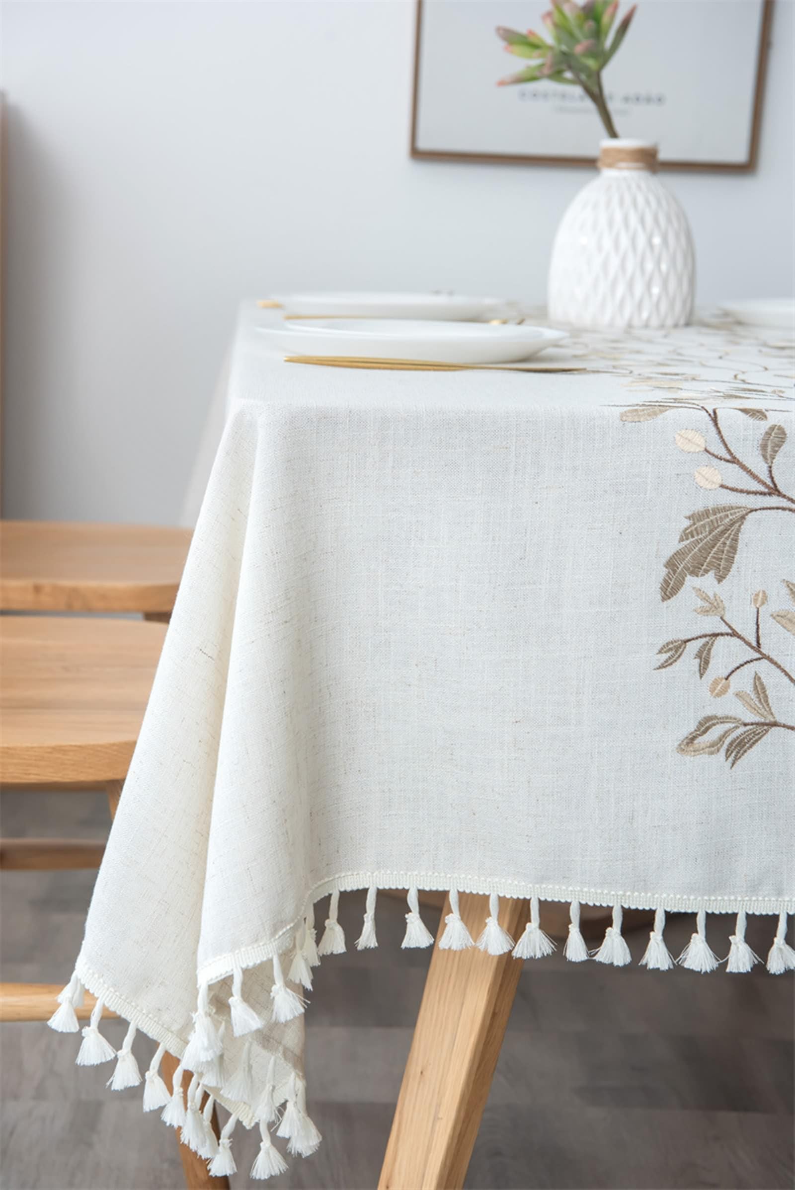 Tovaglia da Cucina Rettangolare, Tovaglie 140 x 240 cm Foglia ricamata con nappa in Poliestere Tovaglia per Casa e Cucina, Tovaglia Elegante per PicnicStyle2-Khaki