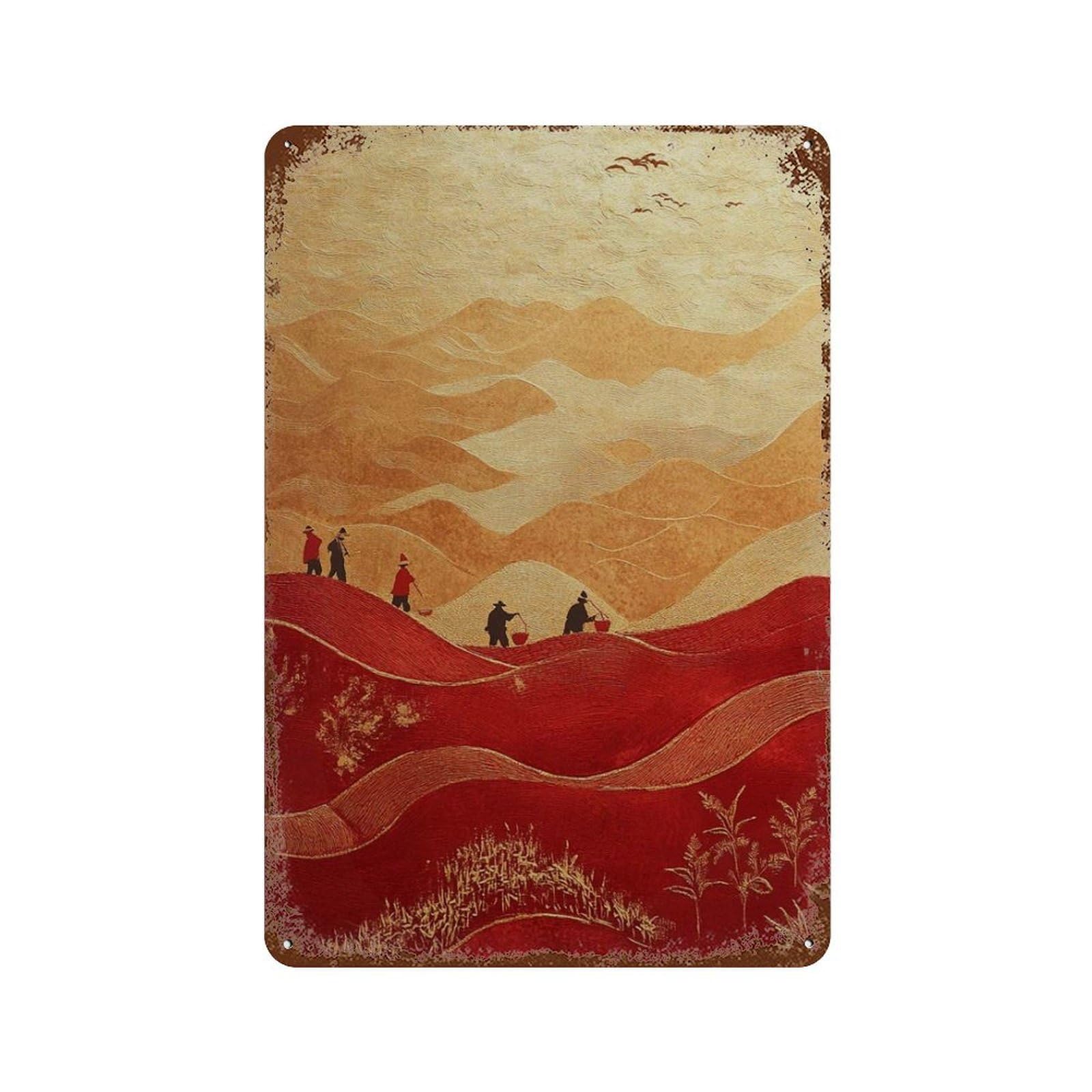 xiaoxiaoshen Red Mountain Journey Asian Landscape Gold And Traditional Hiking Scene Eastern A Wall Decor Art Metal Tin Poster Modern Home Decor Art Home Bar Shop Decorations Vintage Sign 30x20cm