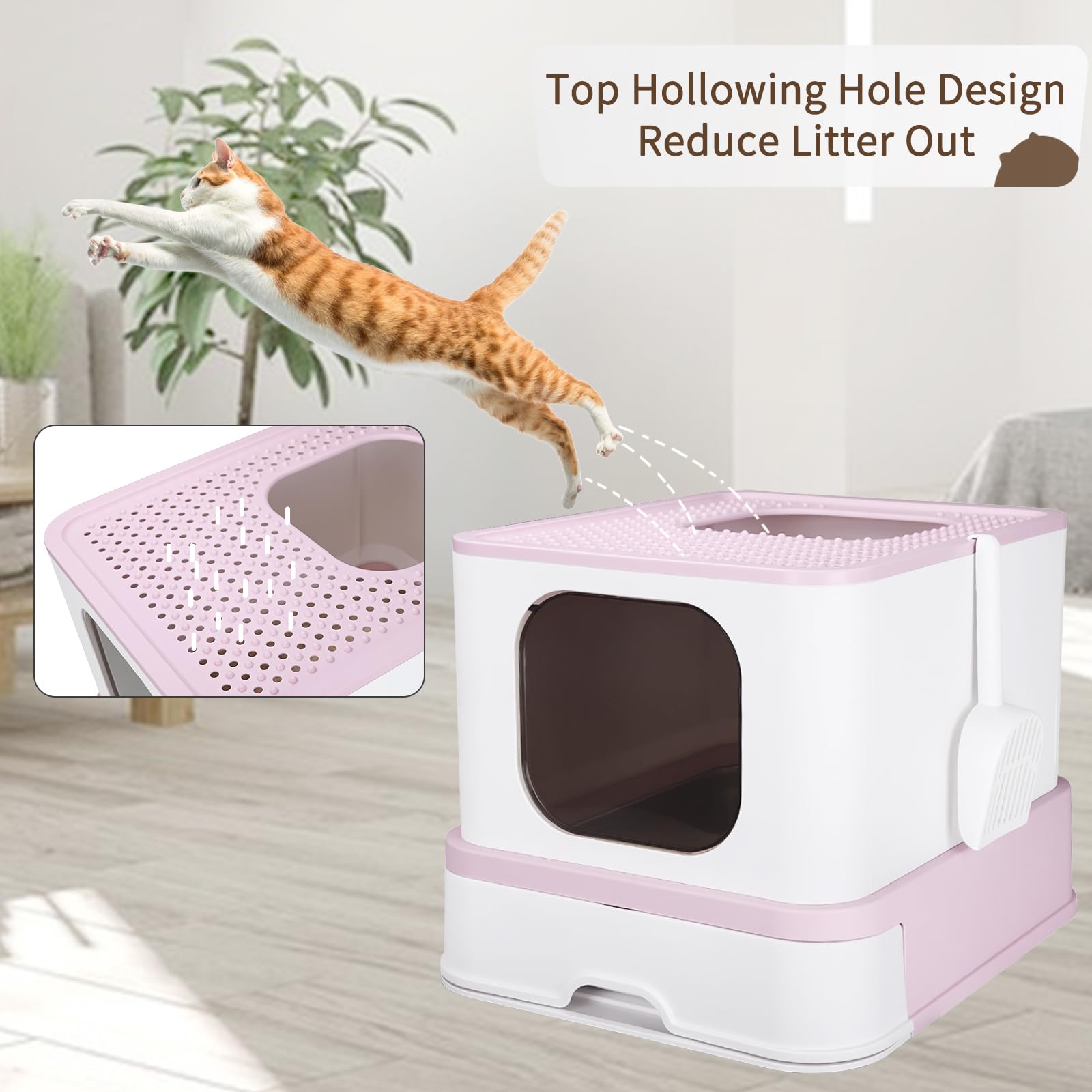 RIZZARI Stainless Steel Cat Box: Large for Cats Up to 45 lbs - Covered Odor Control Enclosure with Easy Clean - Teflon Non-Stick Coating - Pink - Anti-Splash Design for Multi-Cat Families Apartments - image 6