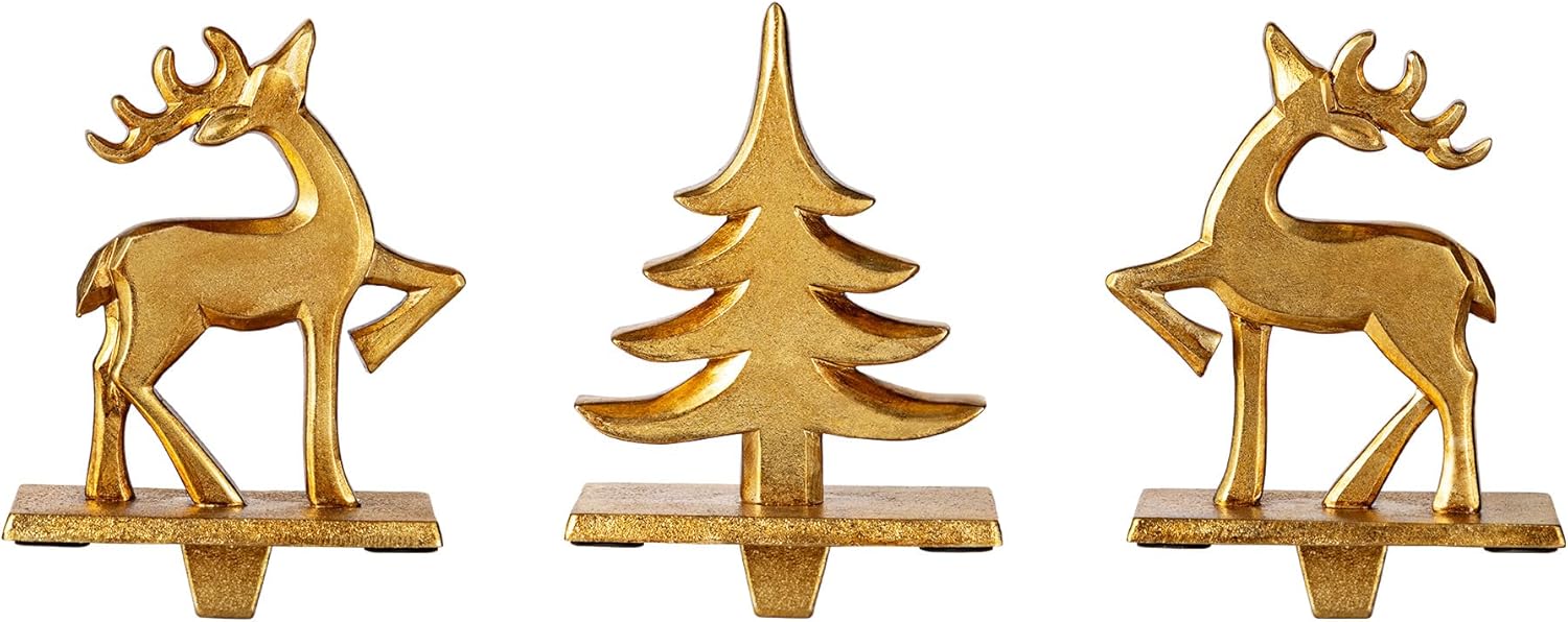 Glitzhome Polyresin Christmas Stocking Holders Set of 3 Golden Tree and Reindeer Mantel Decor with Non-Slip Metal Base for Holiday Fireplace Indoor Decoration