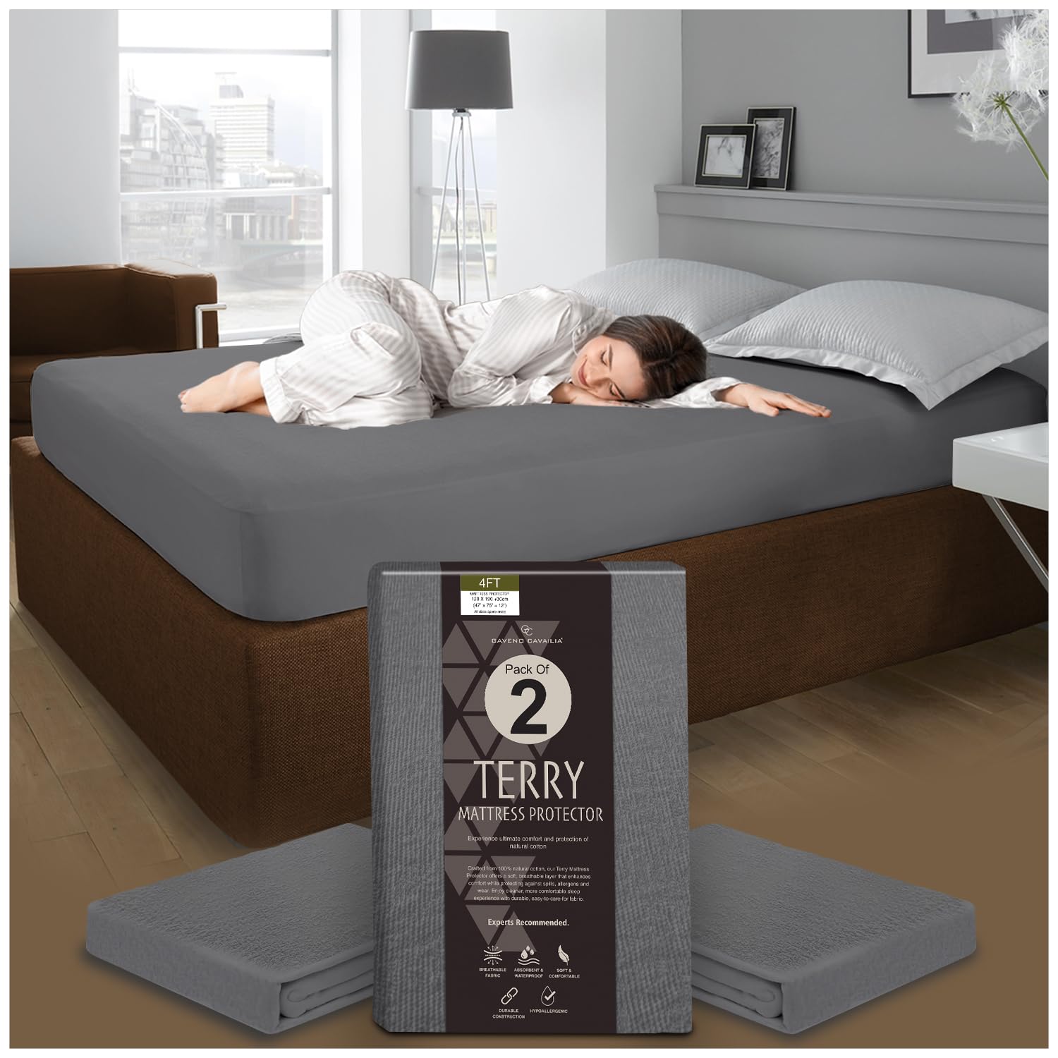 GC GAVENO CAVAILIA 2-Pack Terry Towelling Mattress Protector - Anti-Bacterial 4ft Mattress Protector 30cm – Waterproof Mattress Cover (‎190 x 122cm) - 4ft Bed Mattress Protectors - Charcoal