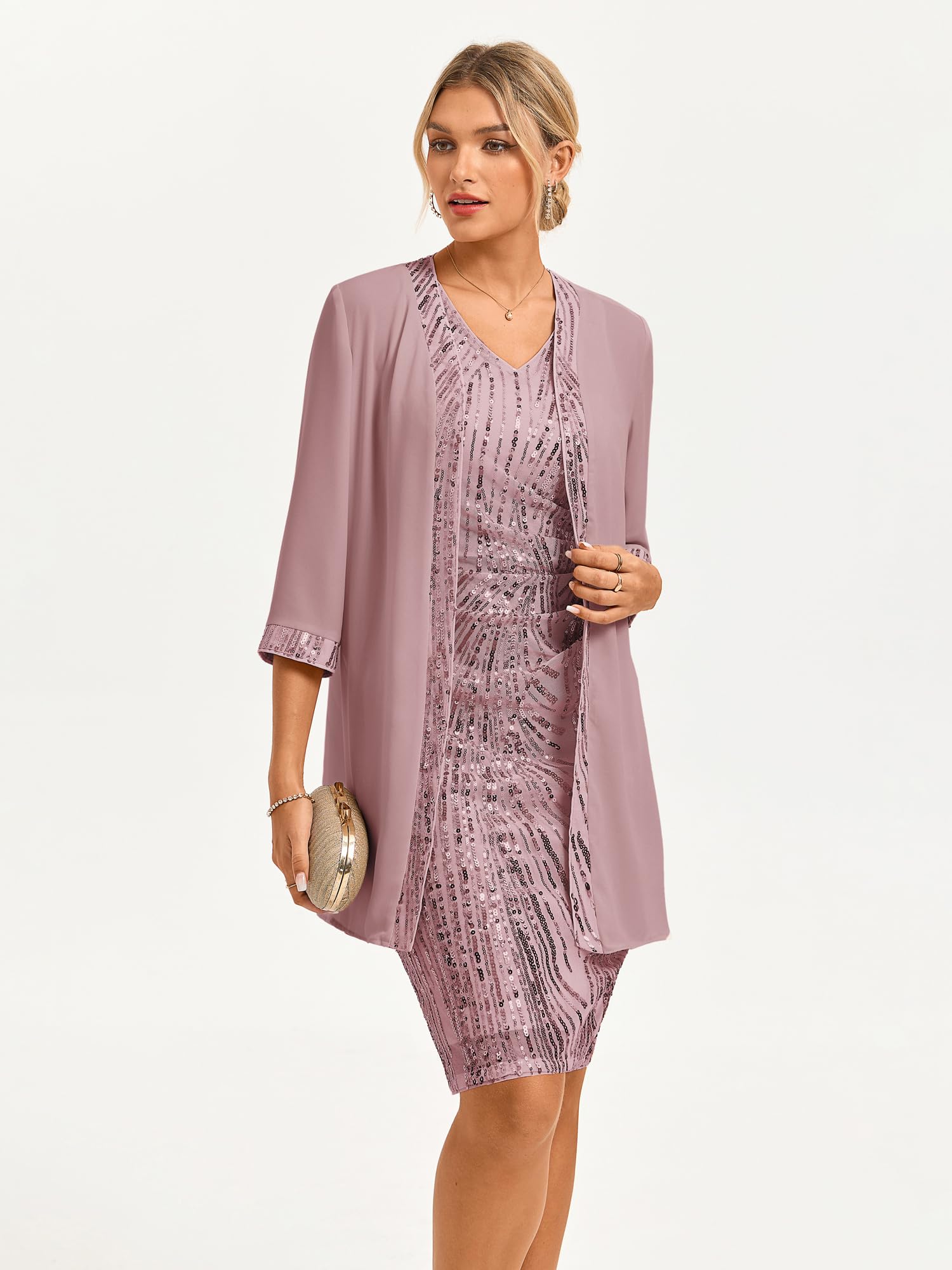 GRACE KARIN Abito da cocktail da donna, con scollo a V, senza maniche, con paillettes, con cardigan, due