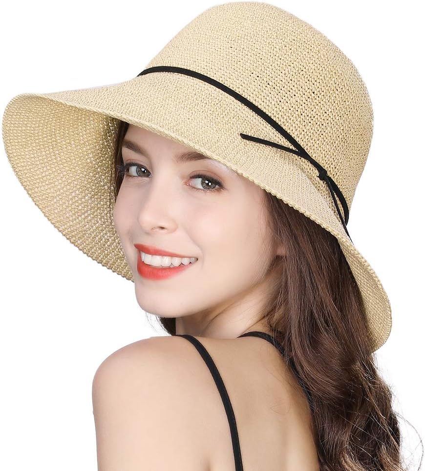 Jeff & Aimy Packable Floppy Straw Beach Sun Hat for Women Wide Brim SPF Panama Fedora Summer Cloche Gardening Hat Crushable Beige