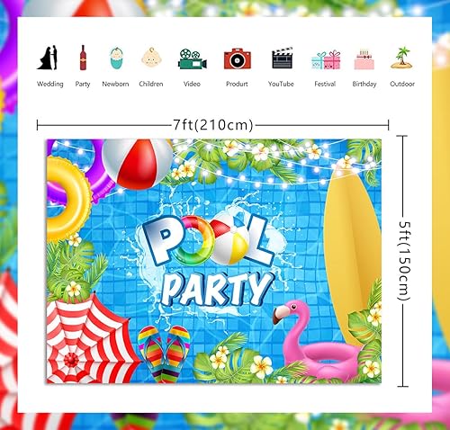 Miniatura 5 de Fondo de fiesta de verano en la piscina, anillo de natación, tabla de surf, flor de palmera tropical, fondo de fotografía, baby shower, cumpleaños,