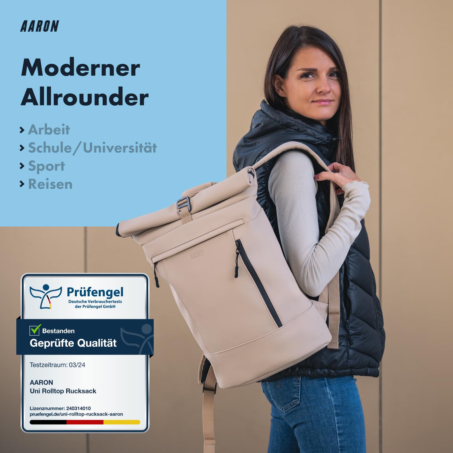 AARON Rolltop Rucksack Damen und Herren, mit Laptopfach, Daypacks, Rollrucksack Damen aus recycletem PET (wasserabweisend) für UNI, Reisen, Alltag, Rolltop Backpack in schwarz und Beige