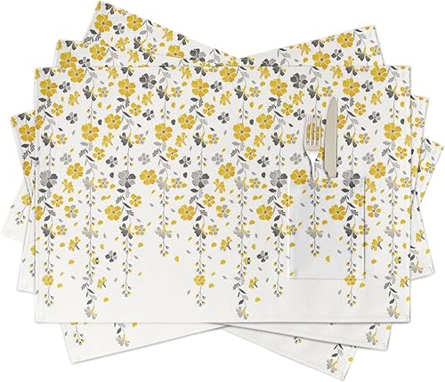 Miniatura 8 de Juego de 6 manteles individuales para mesa de comedor con diseño de hojas florales, manteles individuales de algodón y lino con bolsillo, mesa