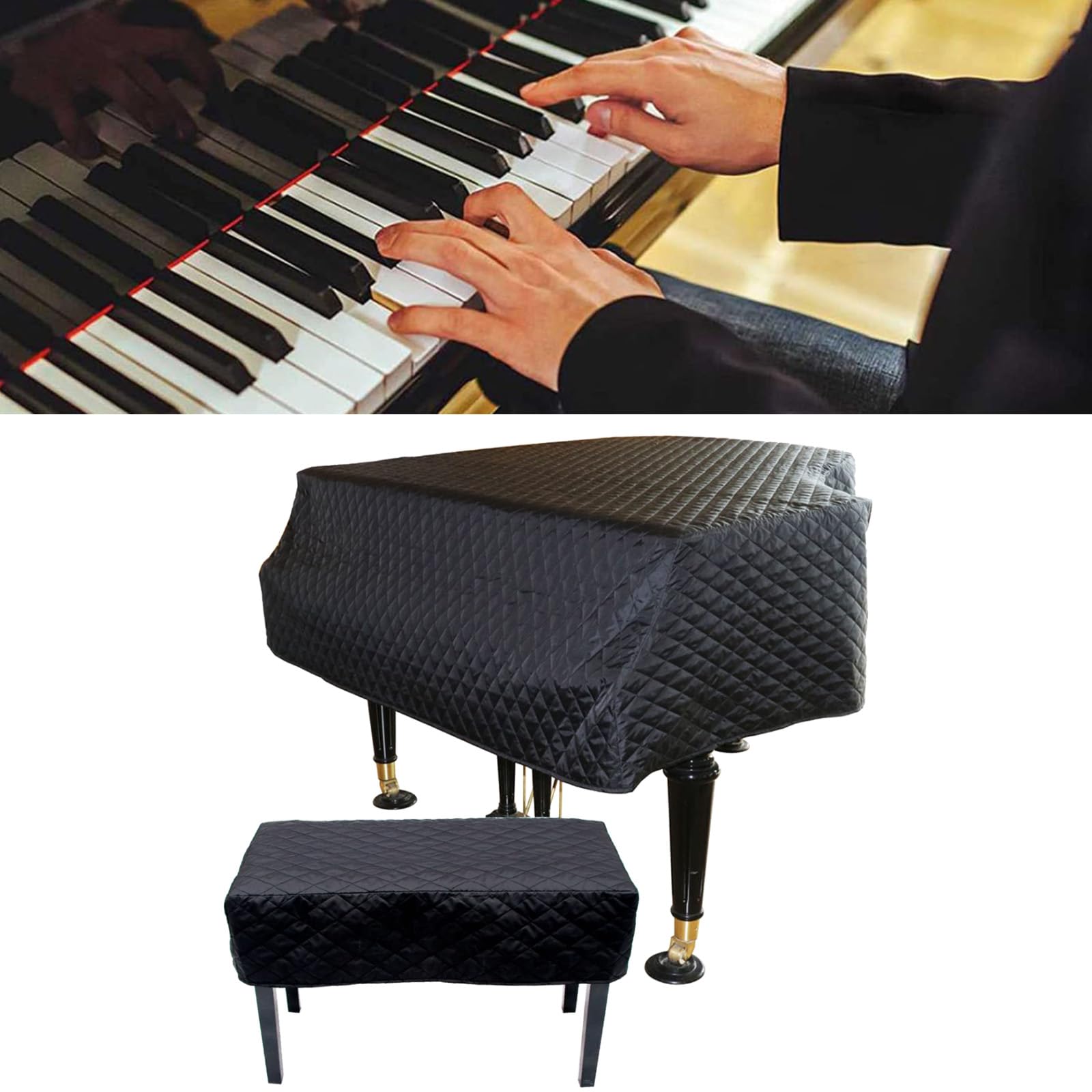 Copertura per Pianoforte a Coda, Impermeabile, Lavabile, Copertura Protettiva Decorata per Pianoforte Triangolare, Copertura Trapuntata Antipolvere per Pianoforte a Coda, Nero,79In