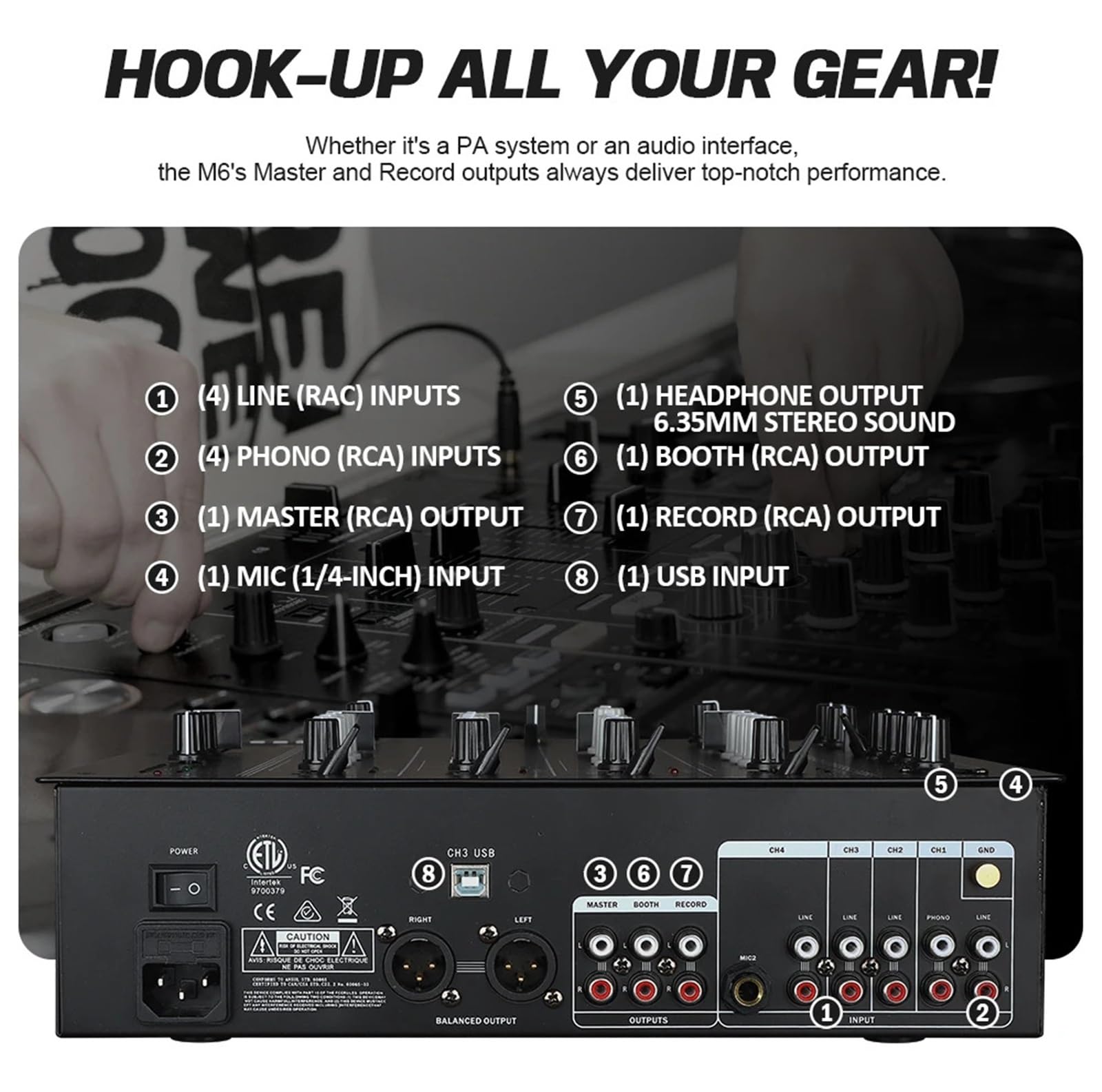 DJ Controller, Mixer DJ USB a 4 canali con interfaccia integrata, equalizzatore a 3 bande, ingresso fono e crossfader sostituibile for DJ Stage