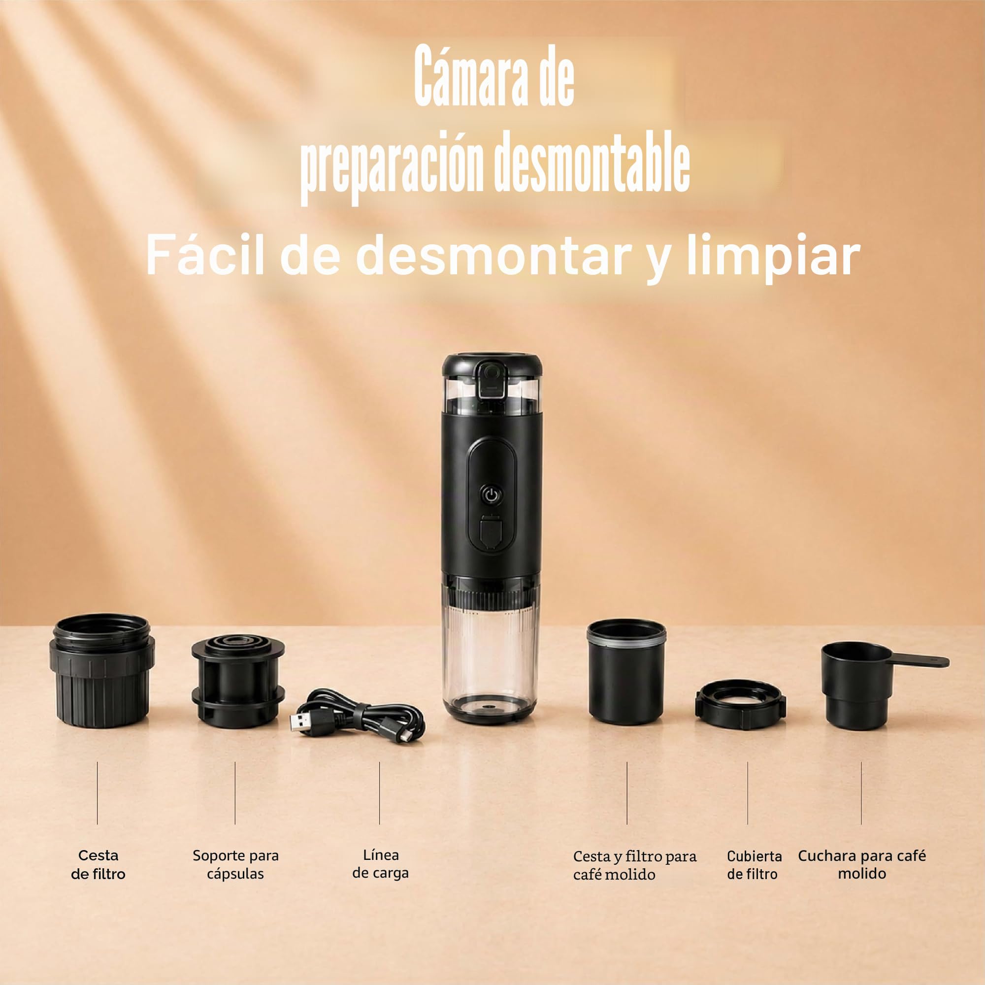 Cafetera Portátil de Cápsulas con Batería USB-C, Cafetera Espresso Automática de Bomba 72W, Depósito 60 ml, Taza 150 ml, ABS Sin BPA, para Viajes Camping Coche Exterior