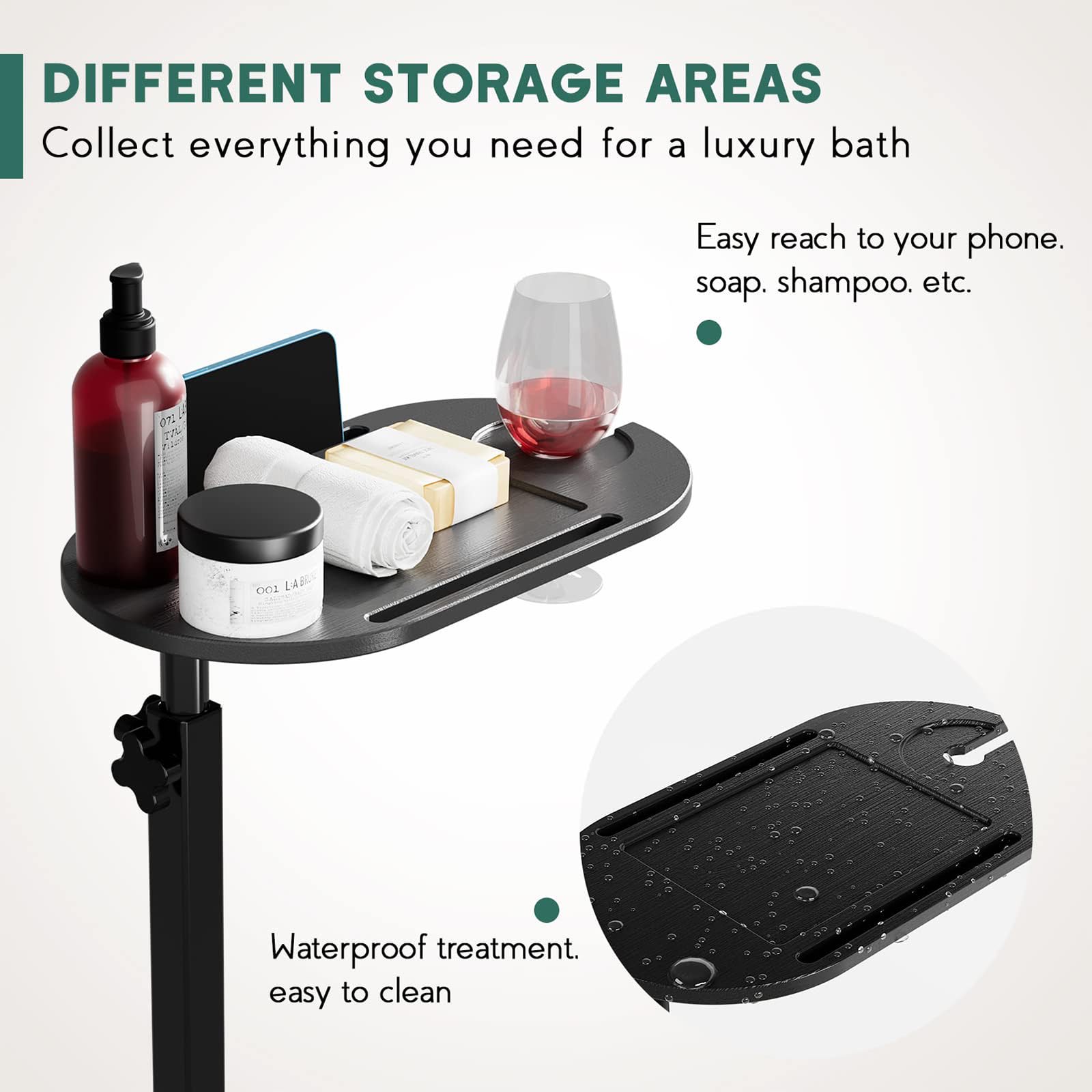 Tavolo Vassoio per Vasca da Bagno in bambù con Altezza Regolabile, Contenitore per Vasca da Bagno freestanding con Base in Metallo, Regalo Doccia per Le Donne,Nero