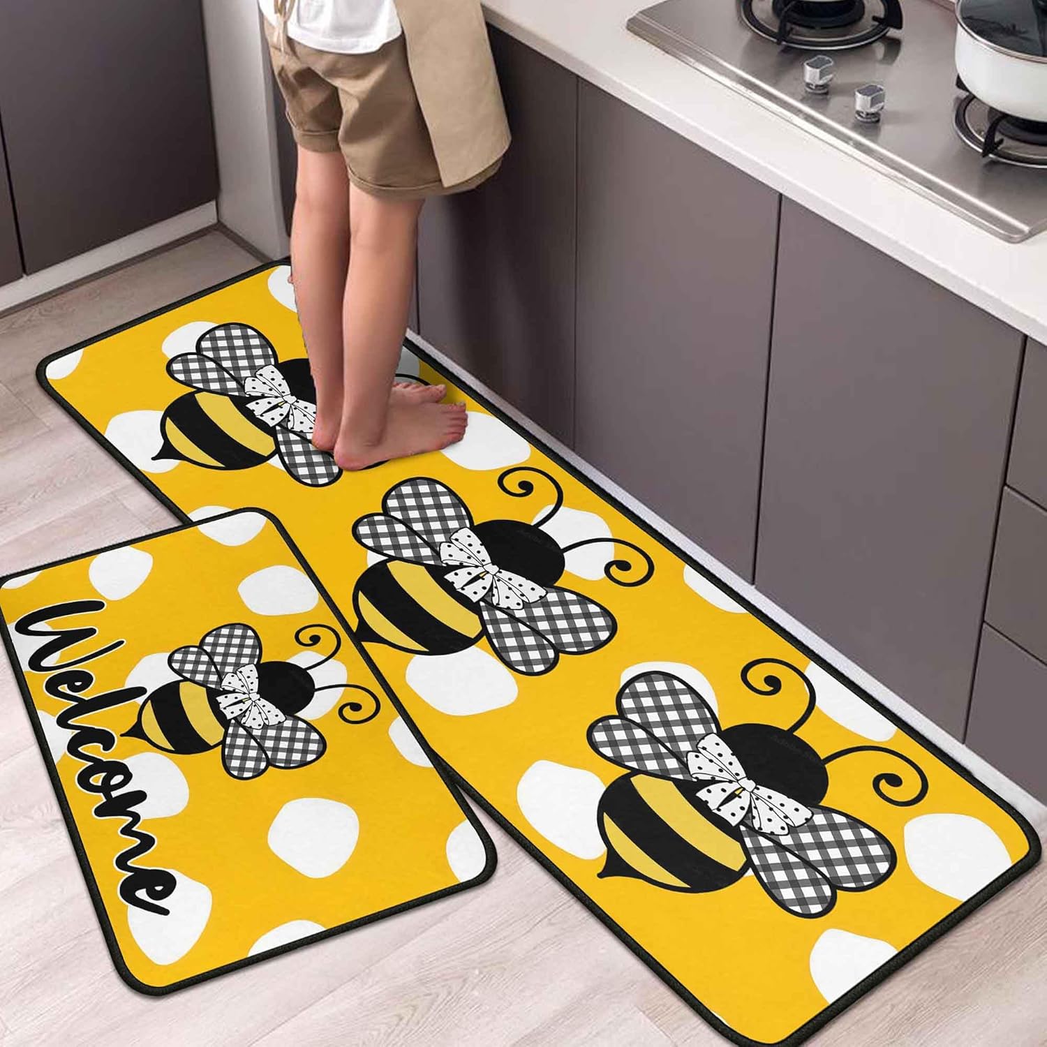 Yellow Bee Kitchen Mat Set of 2, Buffalo Plaid Bee with Welcome Print, Non-Slip Absorbent Kitchen Rugs for Floor, Laundry, Hallway & Farmhouse Decor 17"x47"+17"x30"