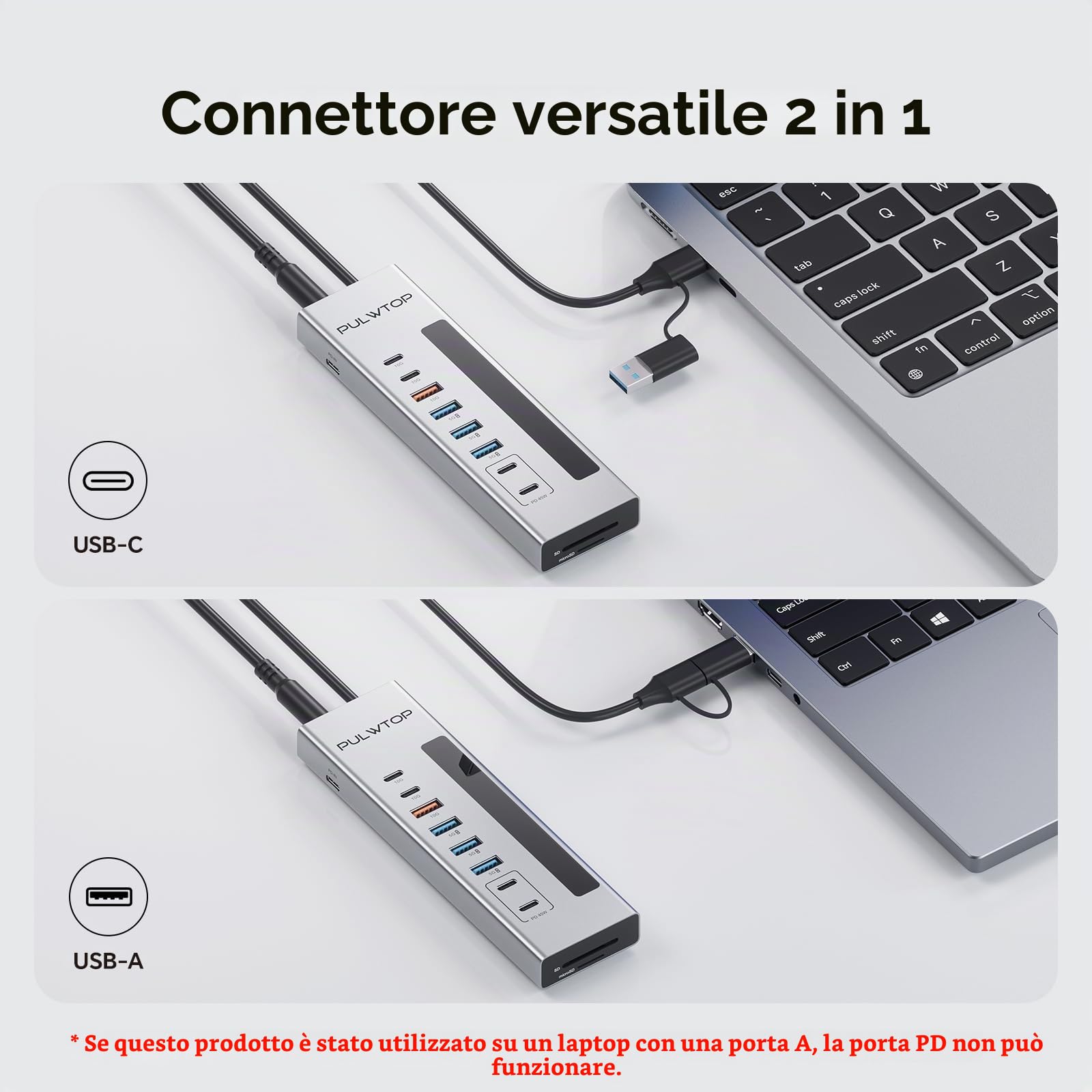 Hub USB C alimentato, hub USB con 2 porte di ricarica Type-C PD da 24/45 W | PULWTOP USB Hub con SD/TF, USB C 10Gbps, USBA 5/10Gbps e 24/45W Type-C PD Charging Ports, 72W Adapter Included