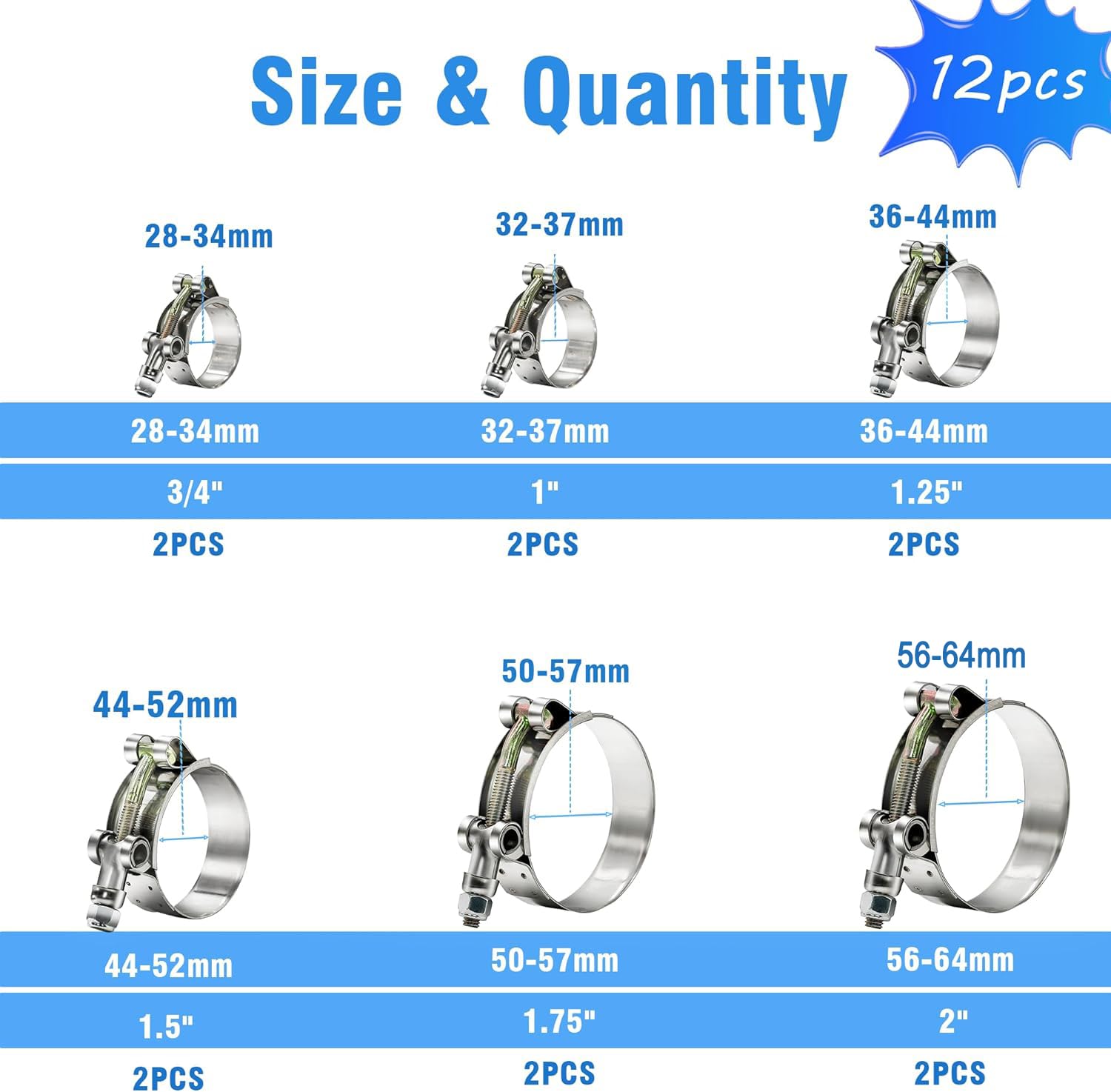 Schlauchschellen-Set mit T-Bolzen für Heizkörper, robuste Schlauchschellen, 6 Größen, 1,9 cm, 2,5 cm, 3,2 cm, 3,8 cm, 4,4 cm, 5,1 cm, Arbeitsbereich 28–64 mm, 304 Edelstahl, Turbo-Ansaugung,