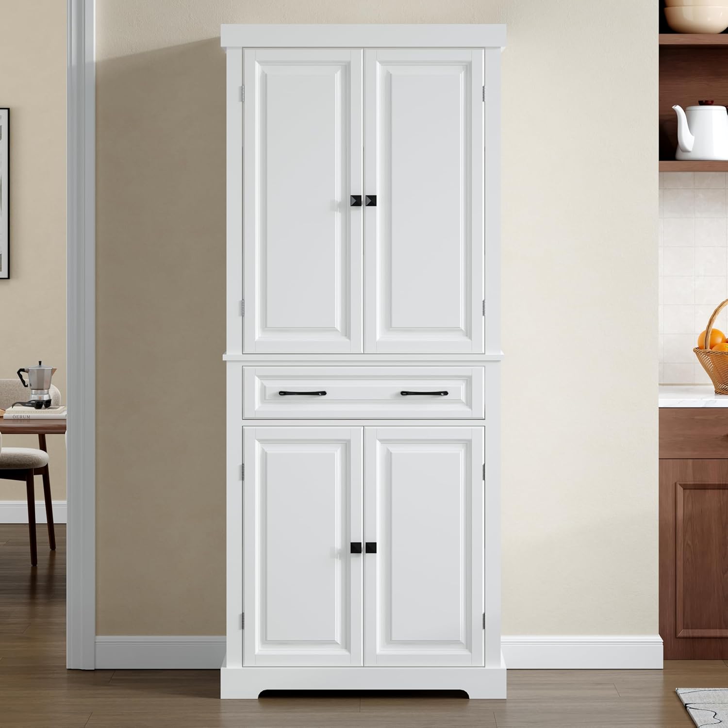 72" Kitchen Pantry Cabinet, White Tall Storage Cabinet, Pantries with Drawer and Adjustable Shelves, Floor Storage Cabinets for Bathroom, Living Room, Dining Room