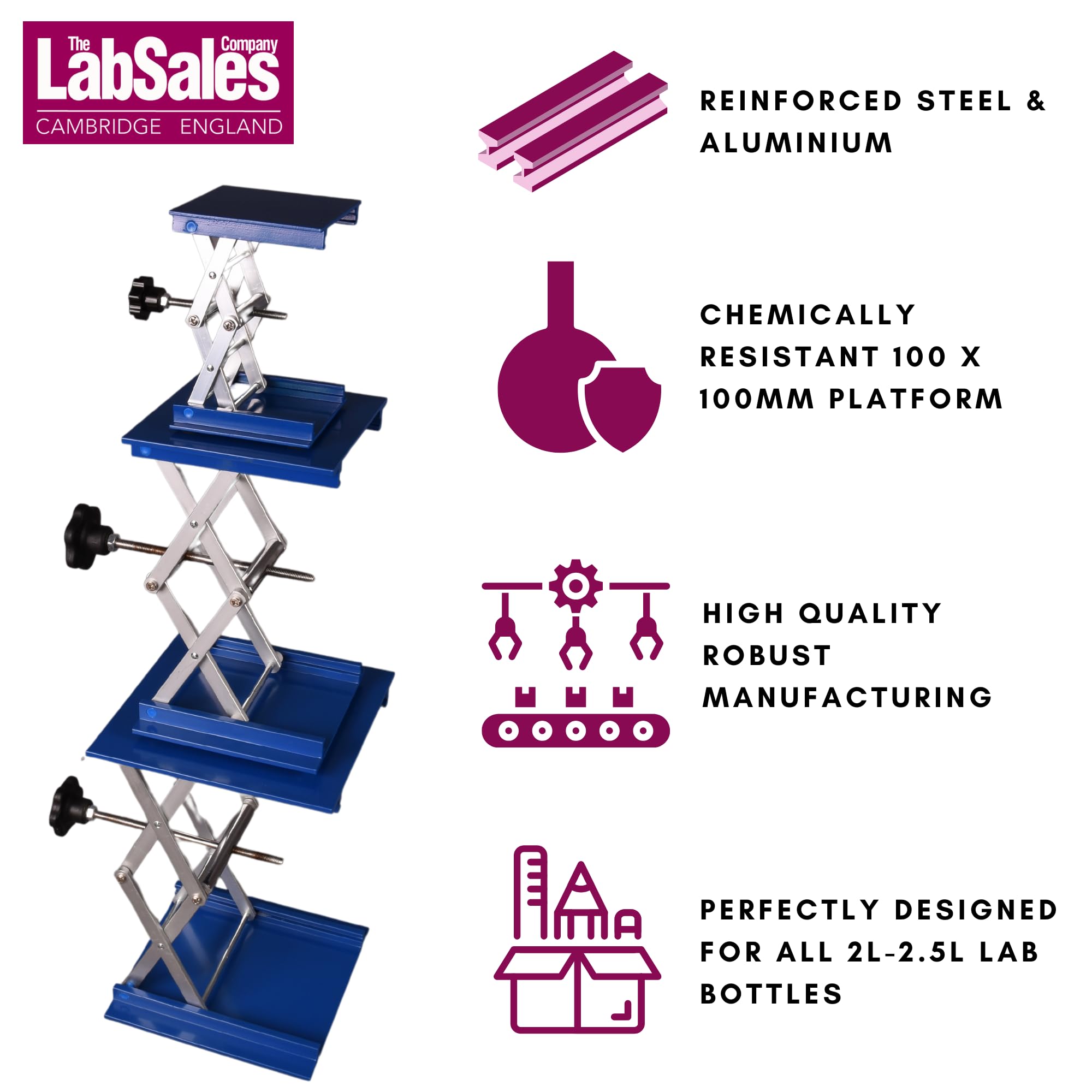 Labsales - Supporto per cric da laboratorio, in acciaio inox, per strumenti da laboratorio e bottiglie di reagenti, basso profilo, altezza regolabile, capacità fino a 60 kg, diverse dimensioni (150 mm