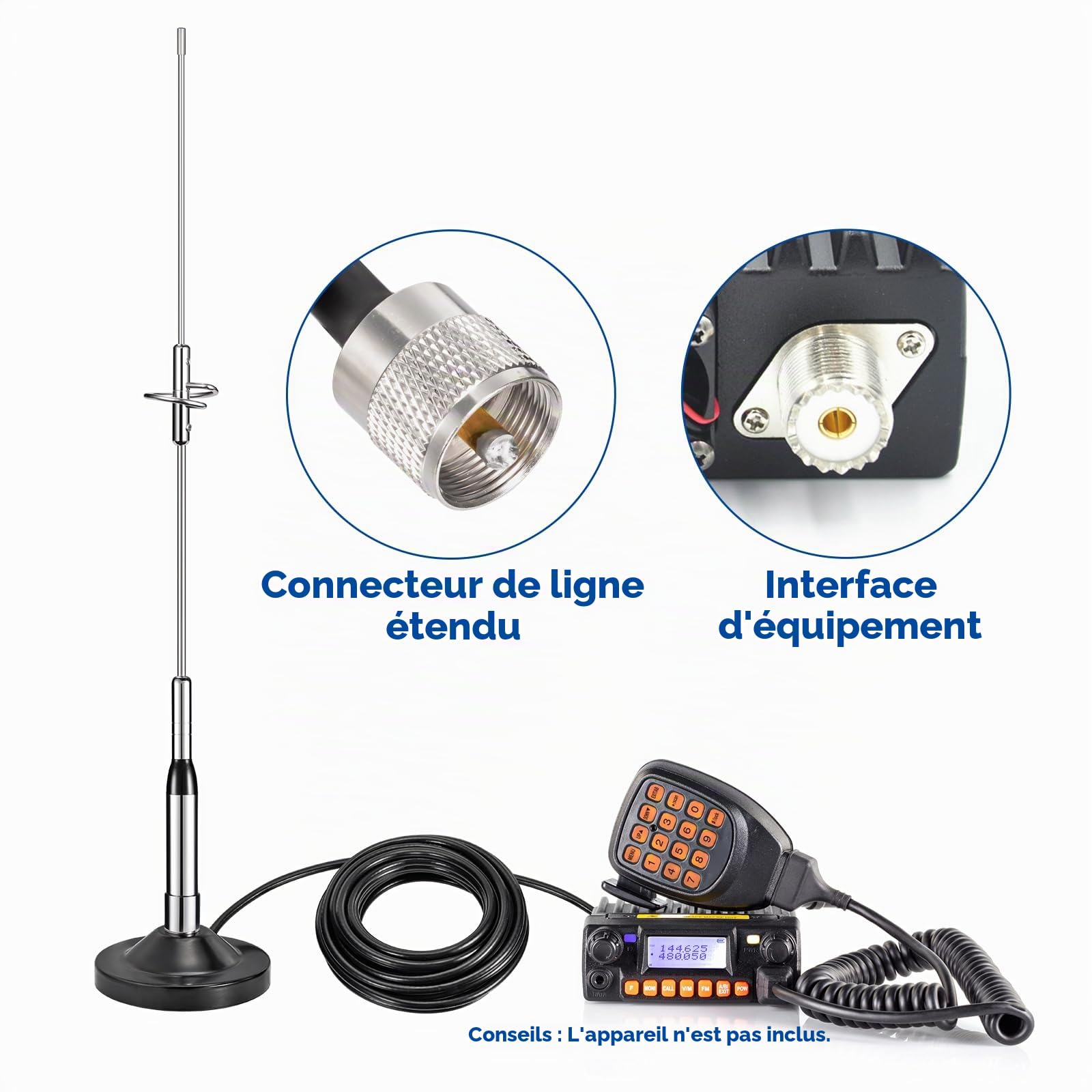 Bingfu Antenne VHF UHF Vehicule Longue Portée Antirouille Mâle PL259 | Bibande 136-174/400-460 MHz, Base Magnétique, Câble 5 m, pour Radio Amateur / Mobile / VHF Marine, Camion Camping Car
