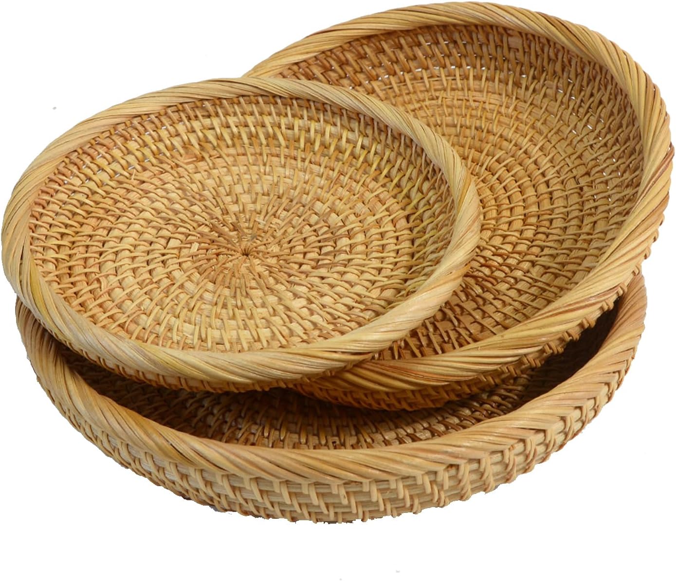 3 Packs Round Woven Tray Natural Hand Vine Woven Fruit Tray Storage Basket Tray for Decor Home Kitchen (High)