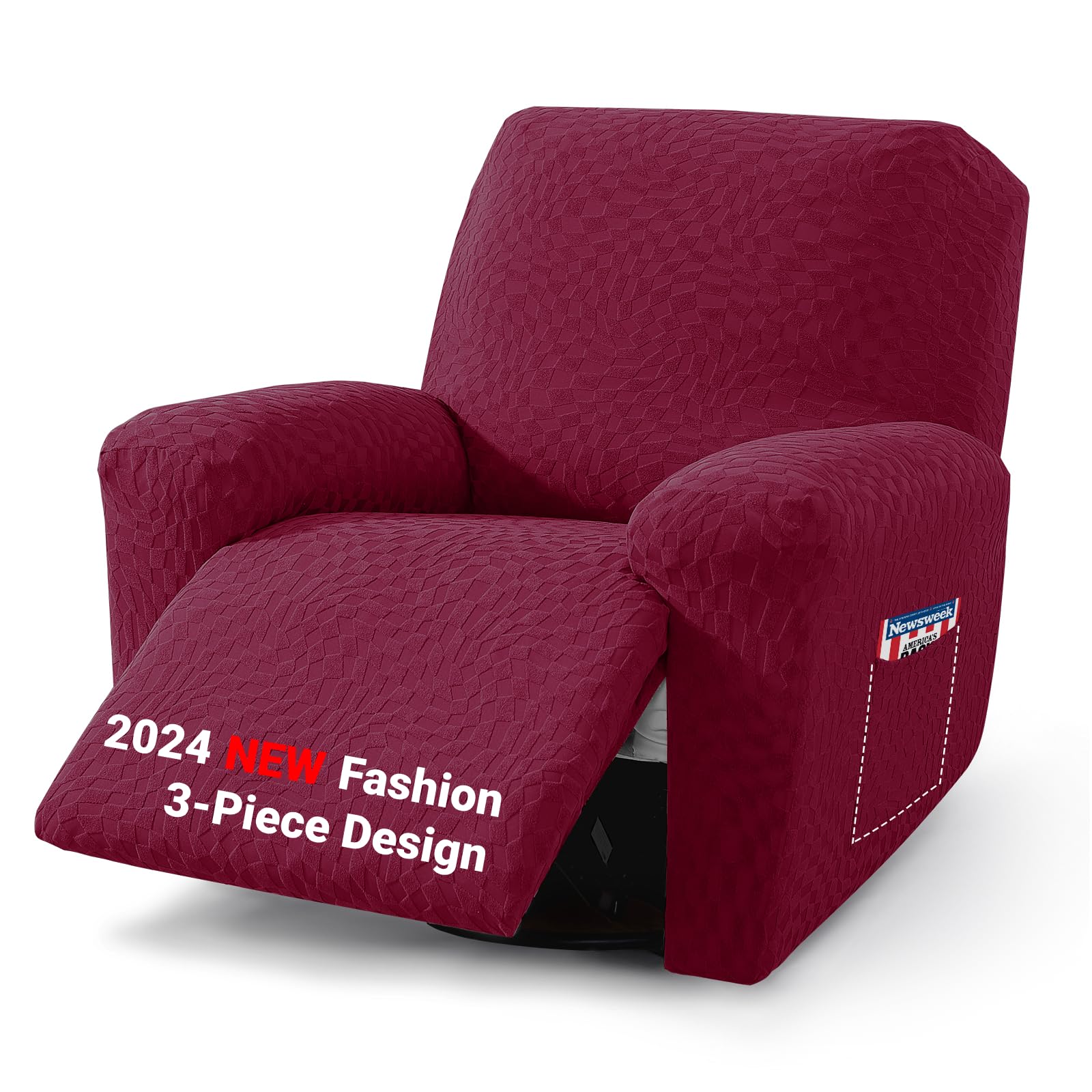 ZNSAYOTX Oversized Recliner Covers Newest 3-Piece, Fashion Large Recliner Chair Slipcovers with Pockets Both Side, 2024 Soft Jacquard Fabric Pet Friendly Lazy Boy Reclining Protector (Wine Red)