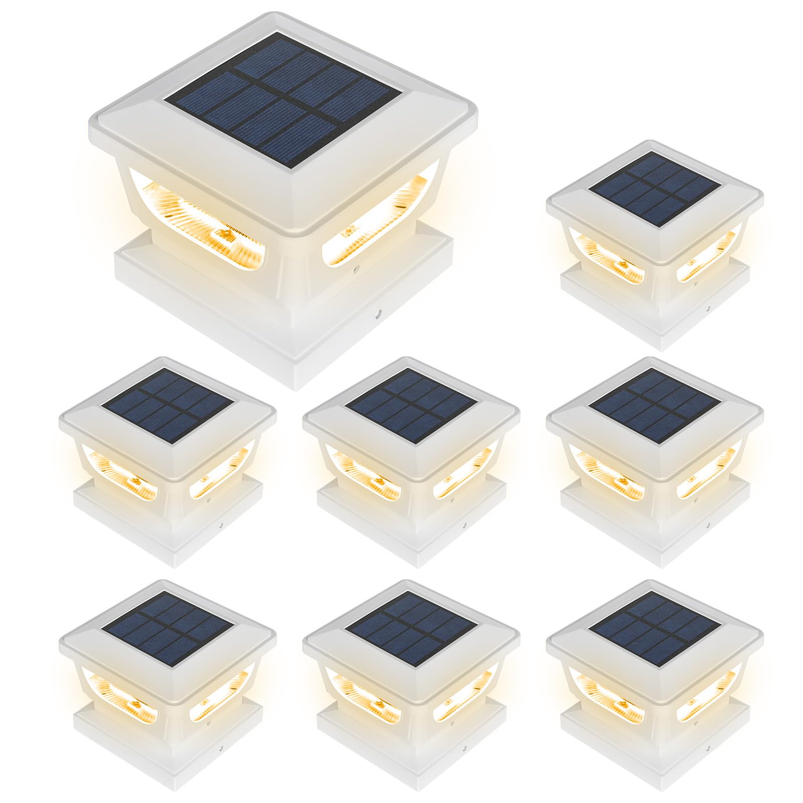 SumaoteSolar Post Cap Lights Outdoor 8 Pack,‎IP65 Waterproof Solar Post Lights for 4x4 Wood,3x3 4x4 Vinyl Post Solar Caps Warm White LED Lighting for Garden Fence Deck Patio, White Shell