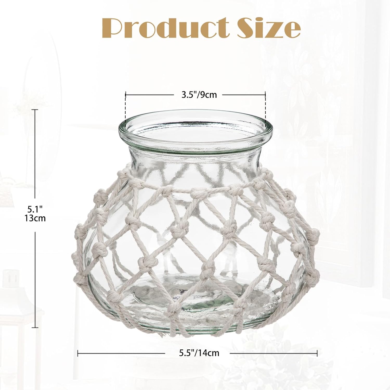 Hollyone Clear Glass Vase with Cotton Rope Cover Woven Round Glass Vase Decorative Flower Bottle Modern Vase for Table Centerpiece Farmhouse Wedding Home Decor - Image 4