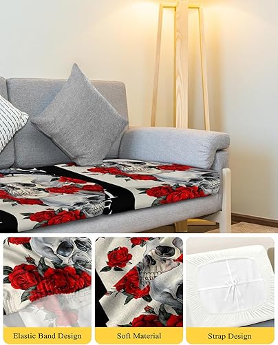 Miniatura 4 de Fundas de cojín para sofá de Halloween, funda elástica para sofá con parte inferior elástica, fundas de sofá de calavera de bienvenida con rosas