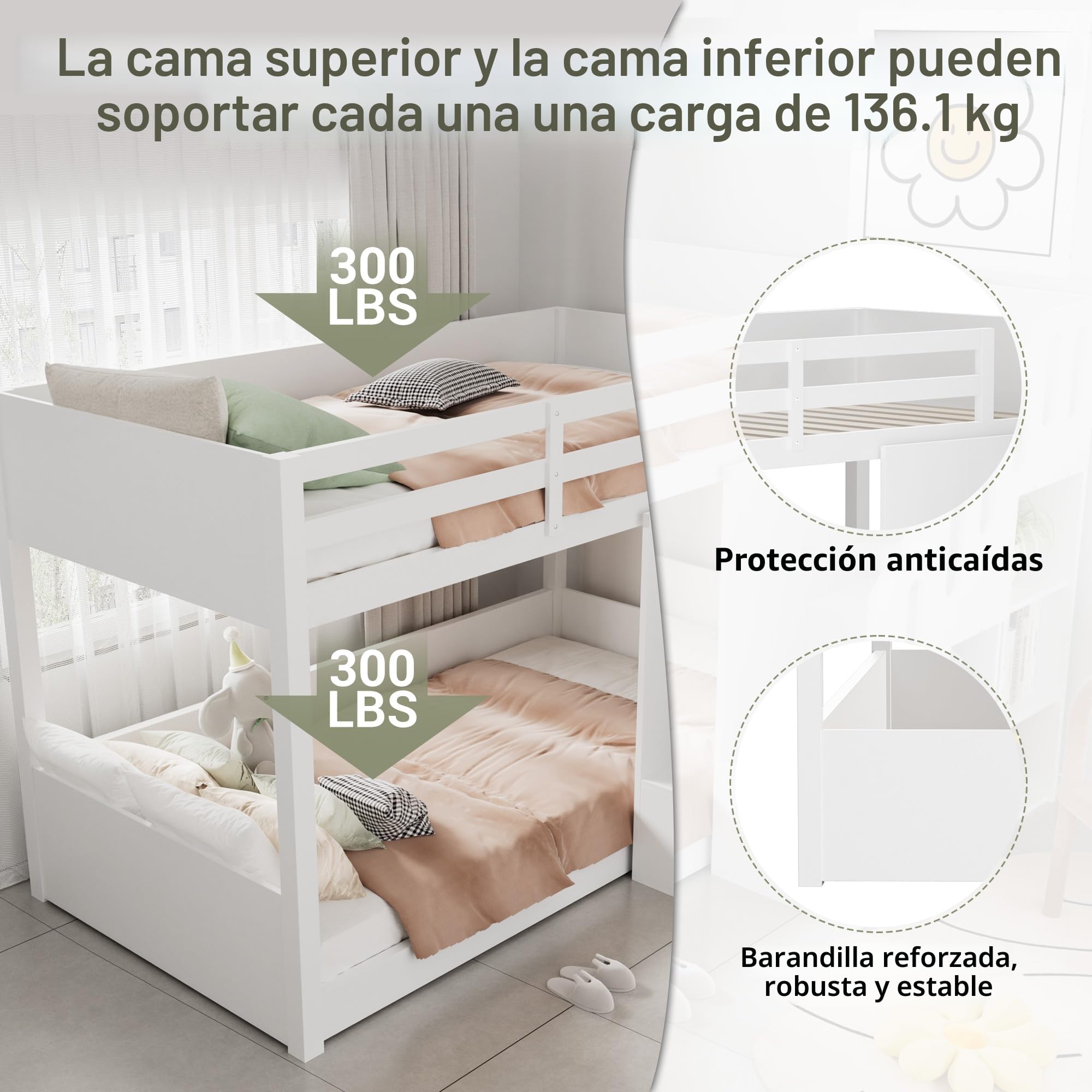 Dolamaní Litera para 2 niños, 90 x 200 cm, con escalera, cama infantil con taquillas y protección anticaídas, para habitación infantil, cama alta para niños, litera para niñas y niños, color blanco