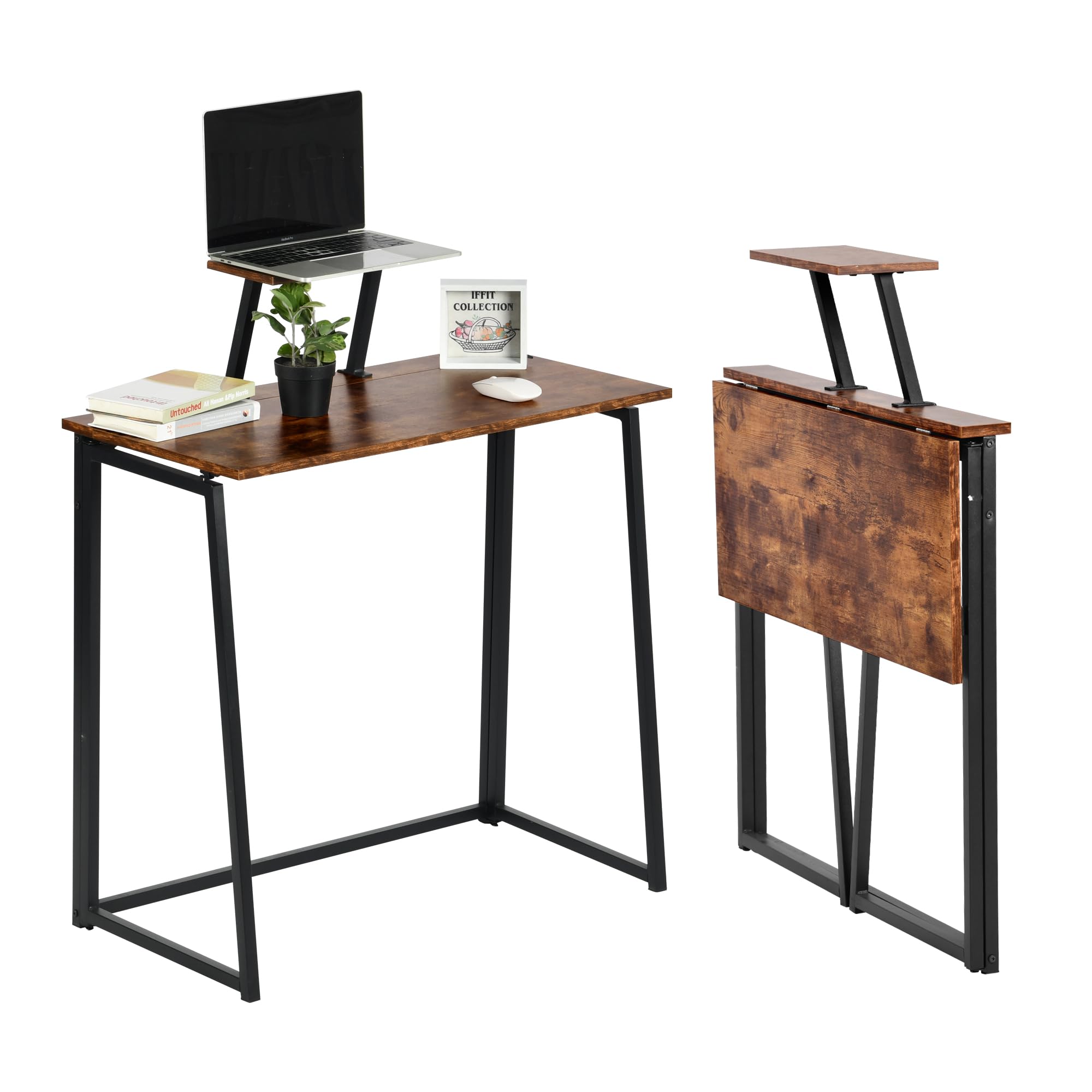 FurnitureR Scrivania per computer pieghevole, stile industriale, mensola a schermo rialzato, compatto, facile da piegare e spostare, ideale per soggiorno o spazio ridotto, 80 x 40 x 74 cm
