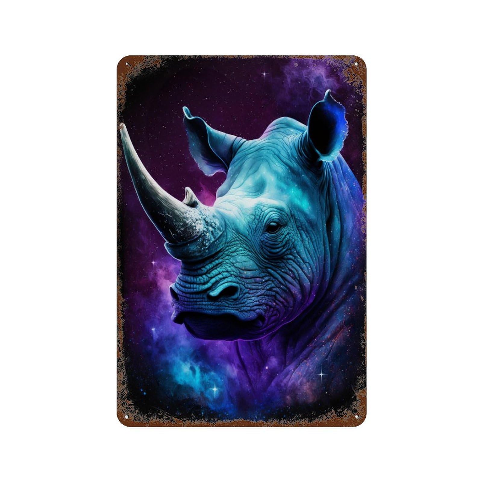 Retro Metal Sign with Galactic Rhino Portrait -3 Design 11.8"x7.9", for Pub, Kitchen And Man Cave Decor, Rustic Home Decor
