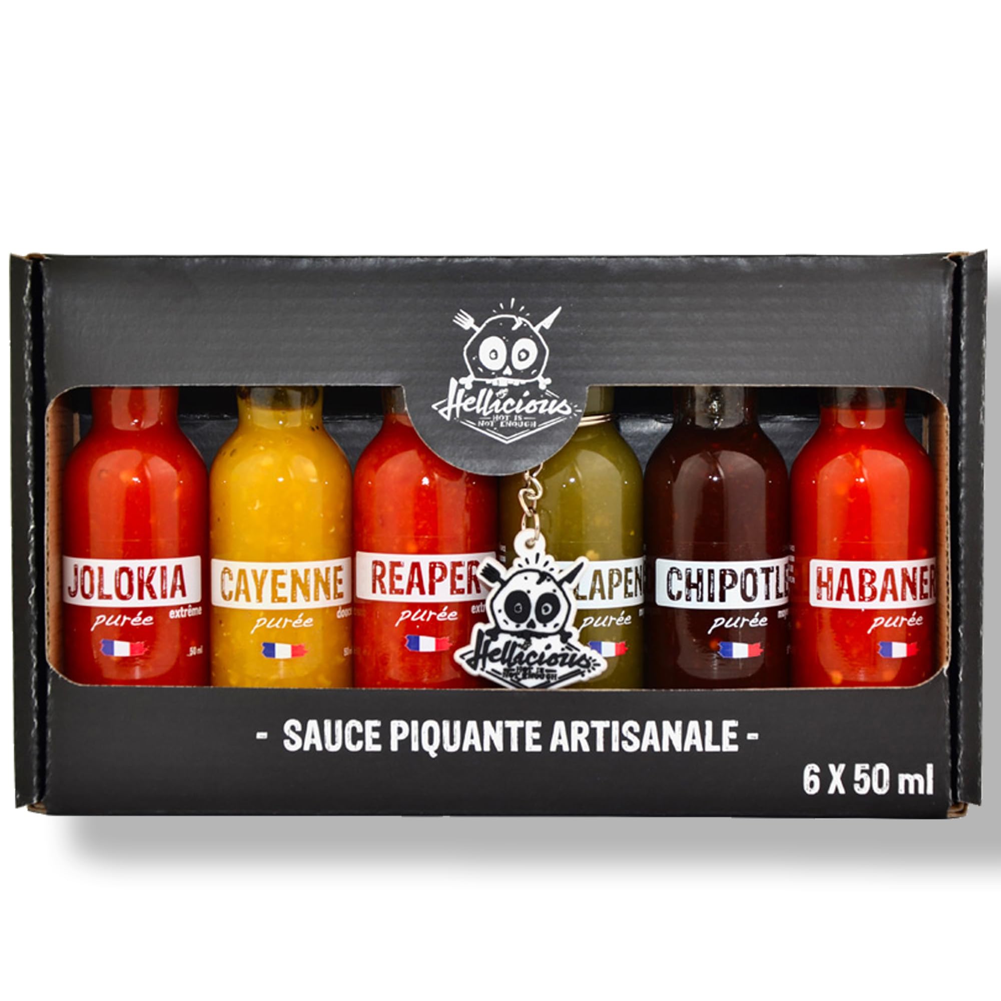 Hellicious - Coffret Sauce Piquante - 6 Purées de Piments Artisanales - Idée Cadeau Challenge Hot Ones - Habanero, Chipotle, Jalapeño - Fabriqué en France