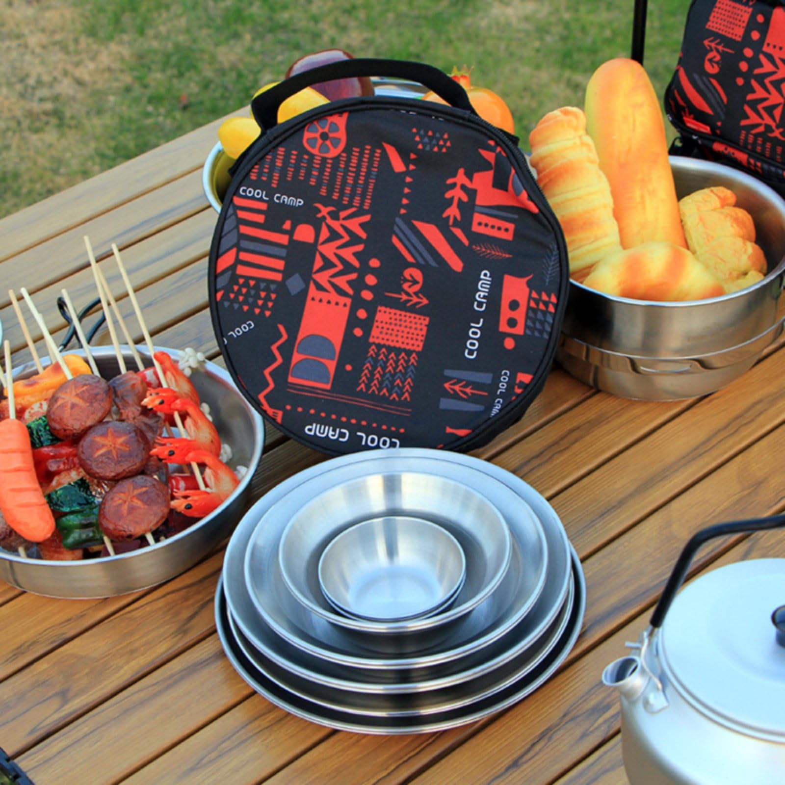 12 Pieces Vaisselle Camping en Acier Inoxydable Rond Ensemble Repas Randonnée Portable Set Couverts Plein Air