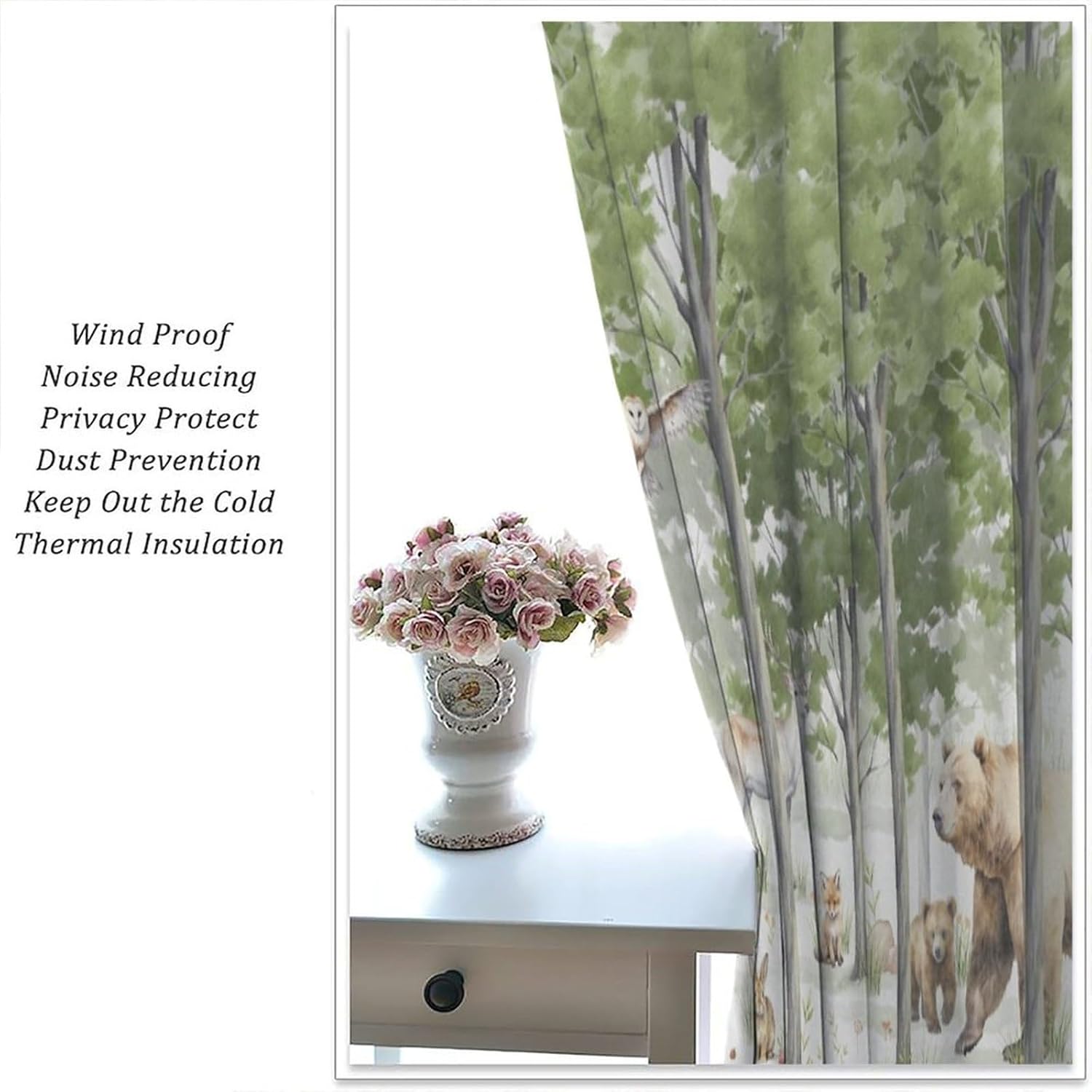 Green Forest Animal Curtain,Watercolor Woodland Bear Deer Fox Squirrel Birls Bird Rustic Cabin Blackout Rod Pocket Window Drapes for Living Room Bedroom Kitchen Set 2 Panels,42x63 Inches