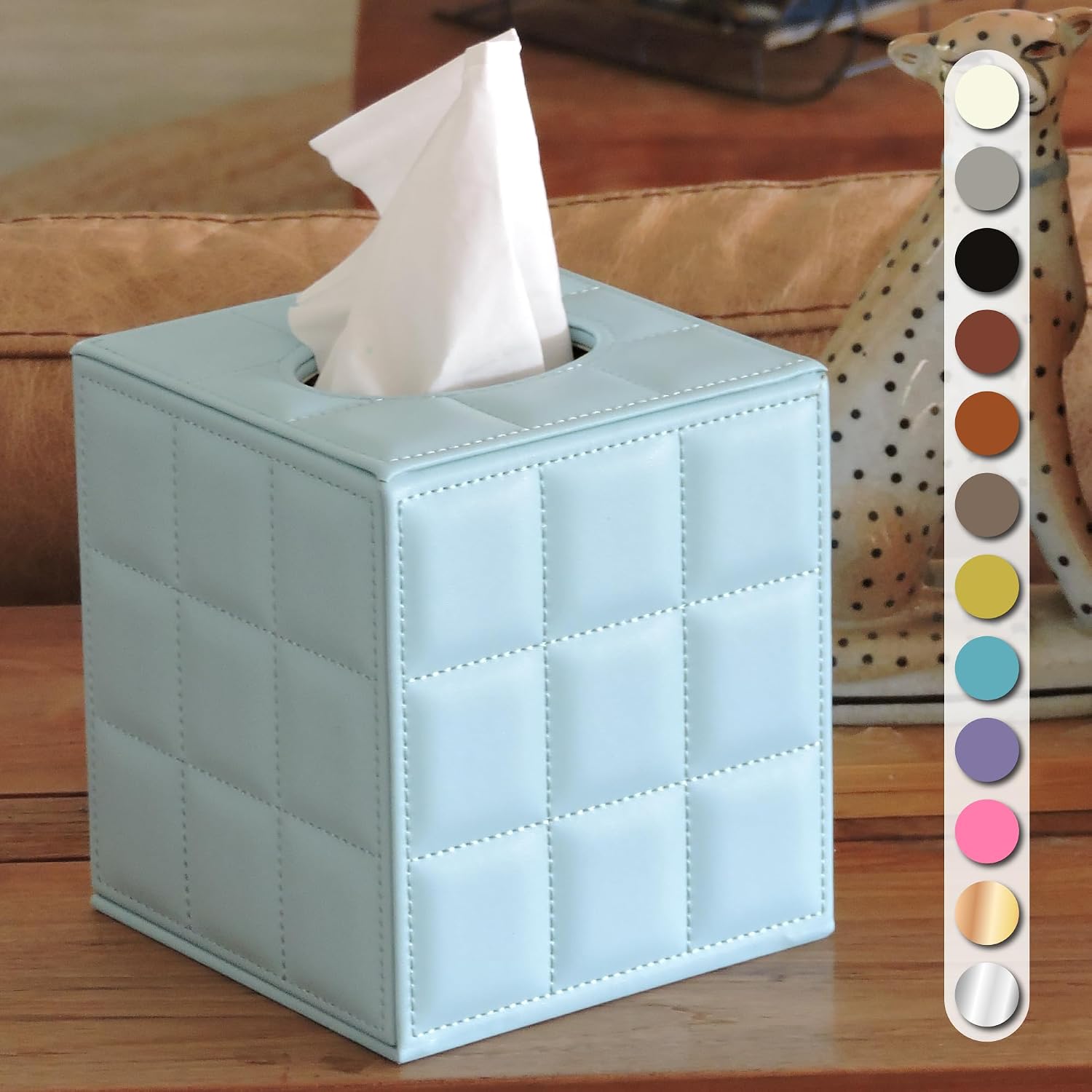 Luxury 5 Star Hotel Style Tissue Box Cover - Sturdy and Stylish Tissue Box Holder with a Custom Height and Modern PU Leather Exterior, 13.5x13.5x15cm - Light Blue