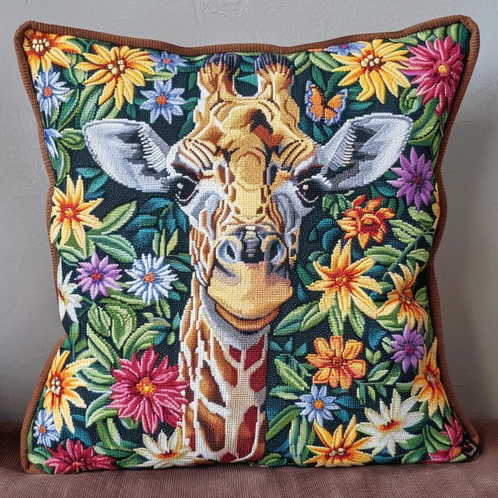 Stamped Cross Stitch Pillow Kits, Animal giraffe and flowers Embroidery Pillowcase 11CT Counted Needlepoint Handmade Cushion Cover Cross Stitch Cushion Cover Embroidery Kit Pillow Cases 18x18inch