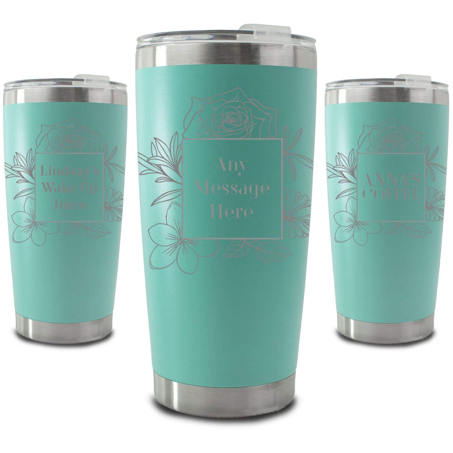 Personalisierter, gravierter 500-ml-Reisebecher in Mint mit quadratischem Blumenmuster, personalisierbar mit einer beliebigen Nachricht oder einem Namen, inklusive Geschenkbox, lasergraviert