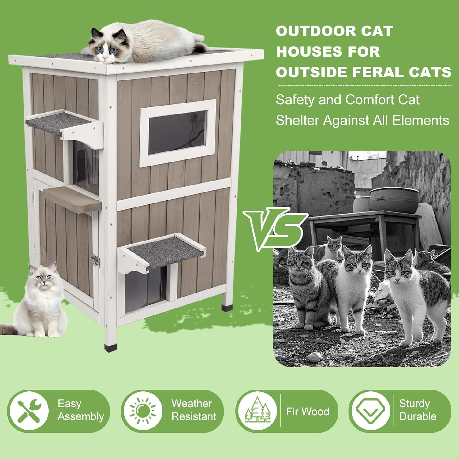 Outdoor Cat House Weatherproof, Two Story Wooden Feral Cat House Shelter with 2 Escape Door, Outside Cat Condo for Small Animals with Openable Asphalt Roof, Grey