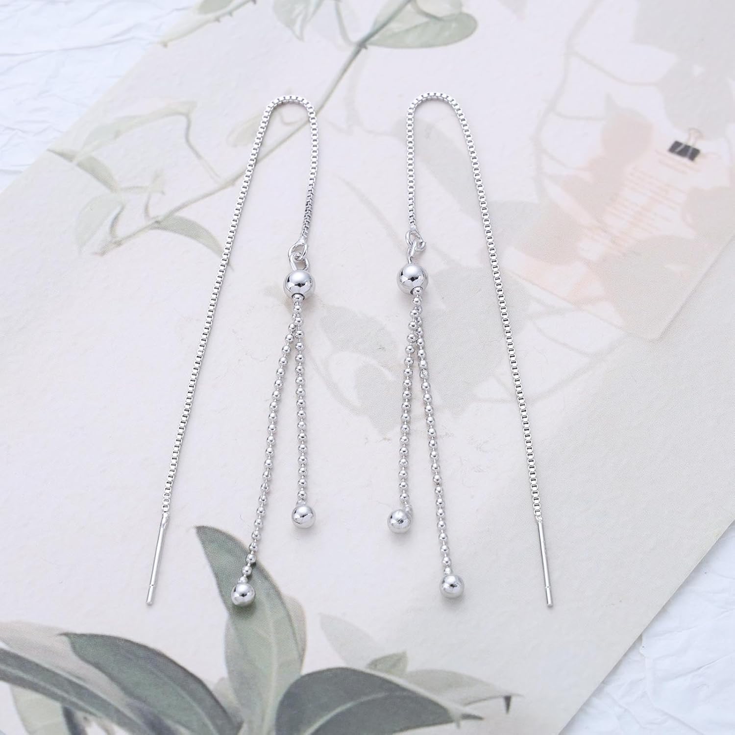 Vintage Long Chain Tassel Threader Earrings Silver Ball Bar Dangle Earrings Bar Threader Chain Earrings Long Pull Through Earring Jewelry for Women - Image 3