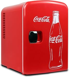 Coca-Cola Classic Coke Bottle 4L Mini Fridge w/ 12V DC and 110V AC Cords, 6 Can Portable Cooler, Personal Travel Refrigerator for Snacks Lunch,Desk Home Office Dorm, Red,Made In Canada