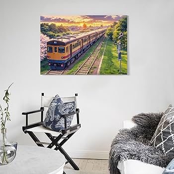 Amazon.co.jp: 絵画 線路の上を走る電車インテリア 絵画 春は暖かく 花