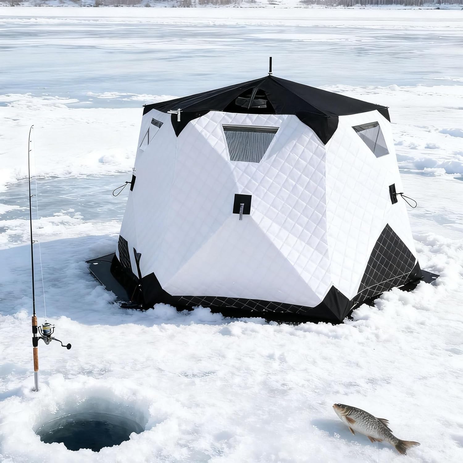 Ice Shanty, Ice Fishing Tent Insulated, 75sp ft 6 Sided Fishing Shelter for 6-10 Person, Pop-Up Ice Shanty Shack, Winter Windproof Hut Snow Hub with Carrying Bag, 2 Doors and 5 Windows White
