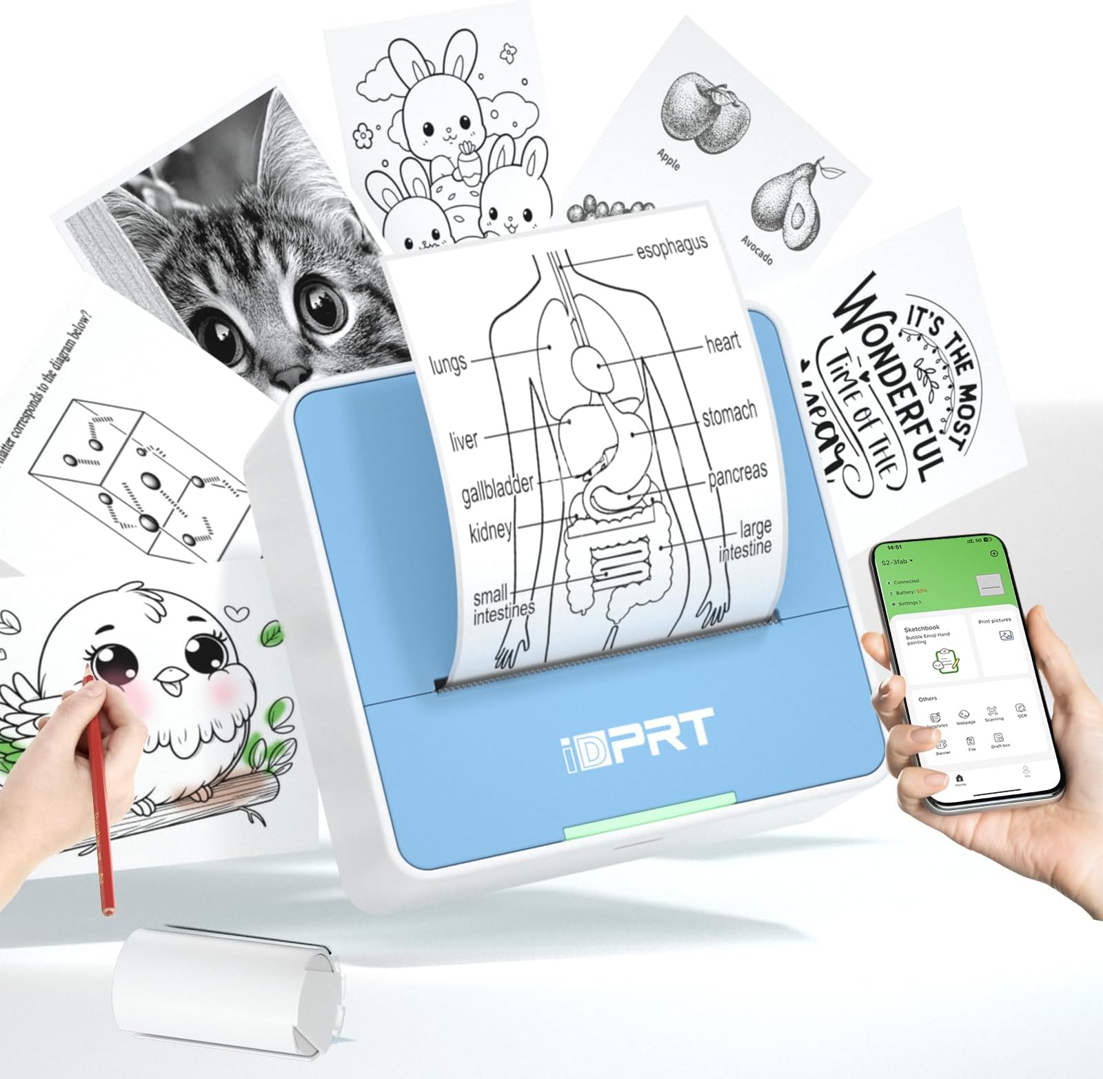 iDPRT Sticker Printer - Mini Portable Printer Bluetooth Thermal Label Printer with 1 Roll Sticker Paper, Inkless Sticker Maker Machine Pocket Instant Print for Study Notes, Pictures, DIY, Blue