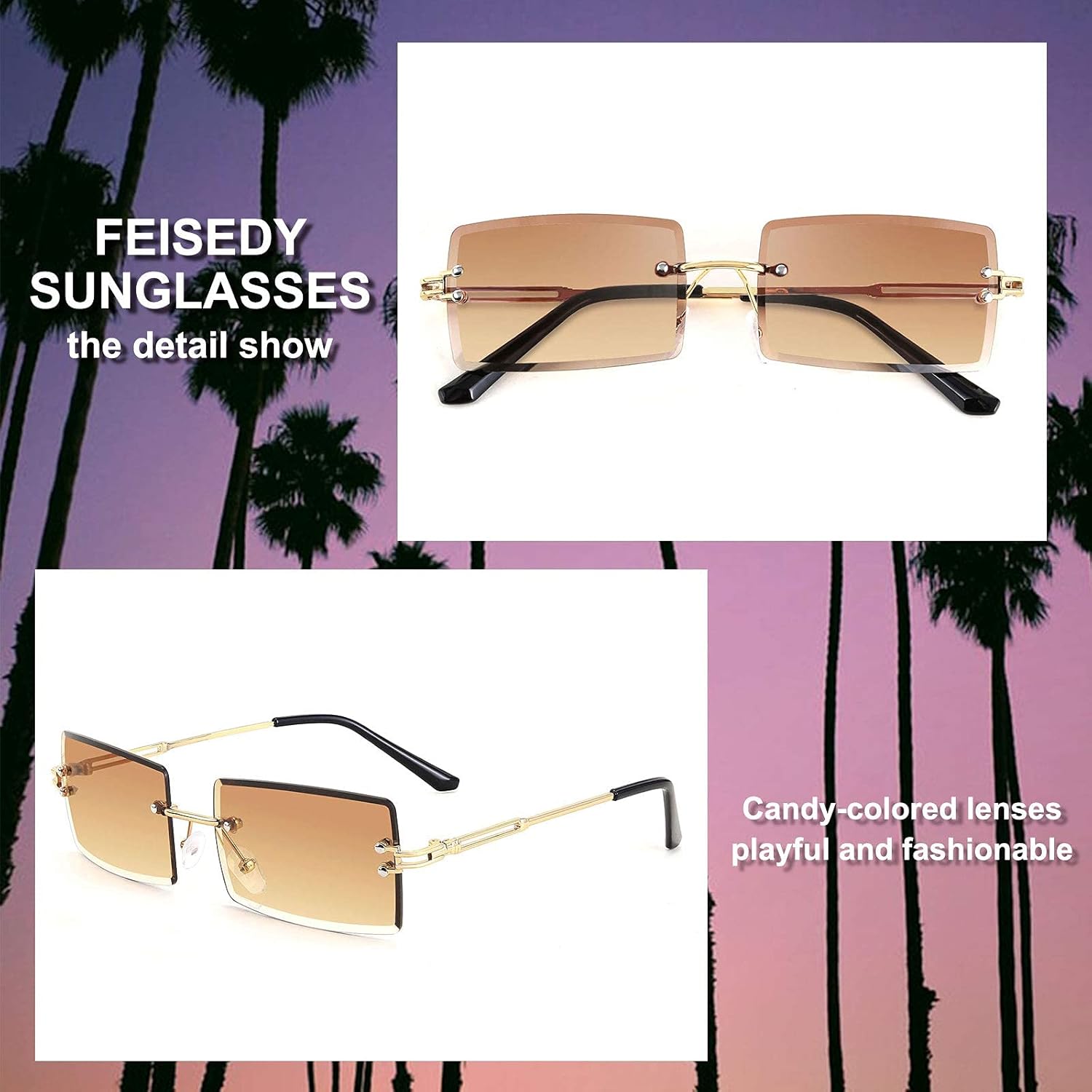FEISEDY Vintage Rimless Sunglasses Rectangle Frameless Candy Color Glasses Women Men B2642