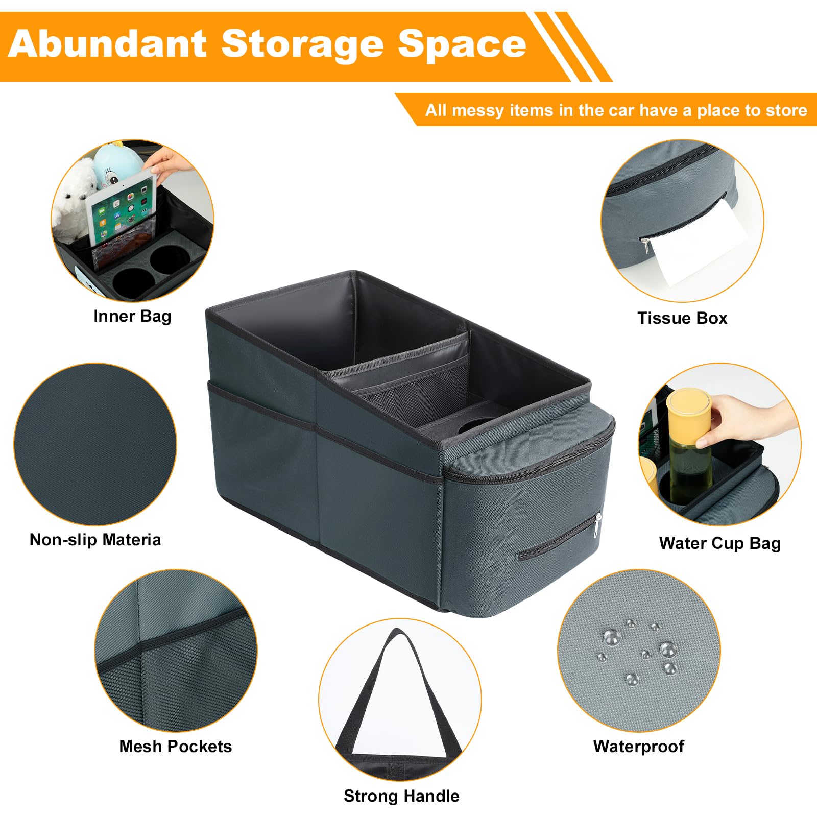 Cozary Organizer Auto, Pieghevole Organizzatore Sedili Auto con Cinture di Sicurezza & Portabicchieri, Organizer Macchina Per Giocattoli, Libri, Snack, Grigio scuro