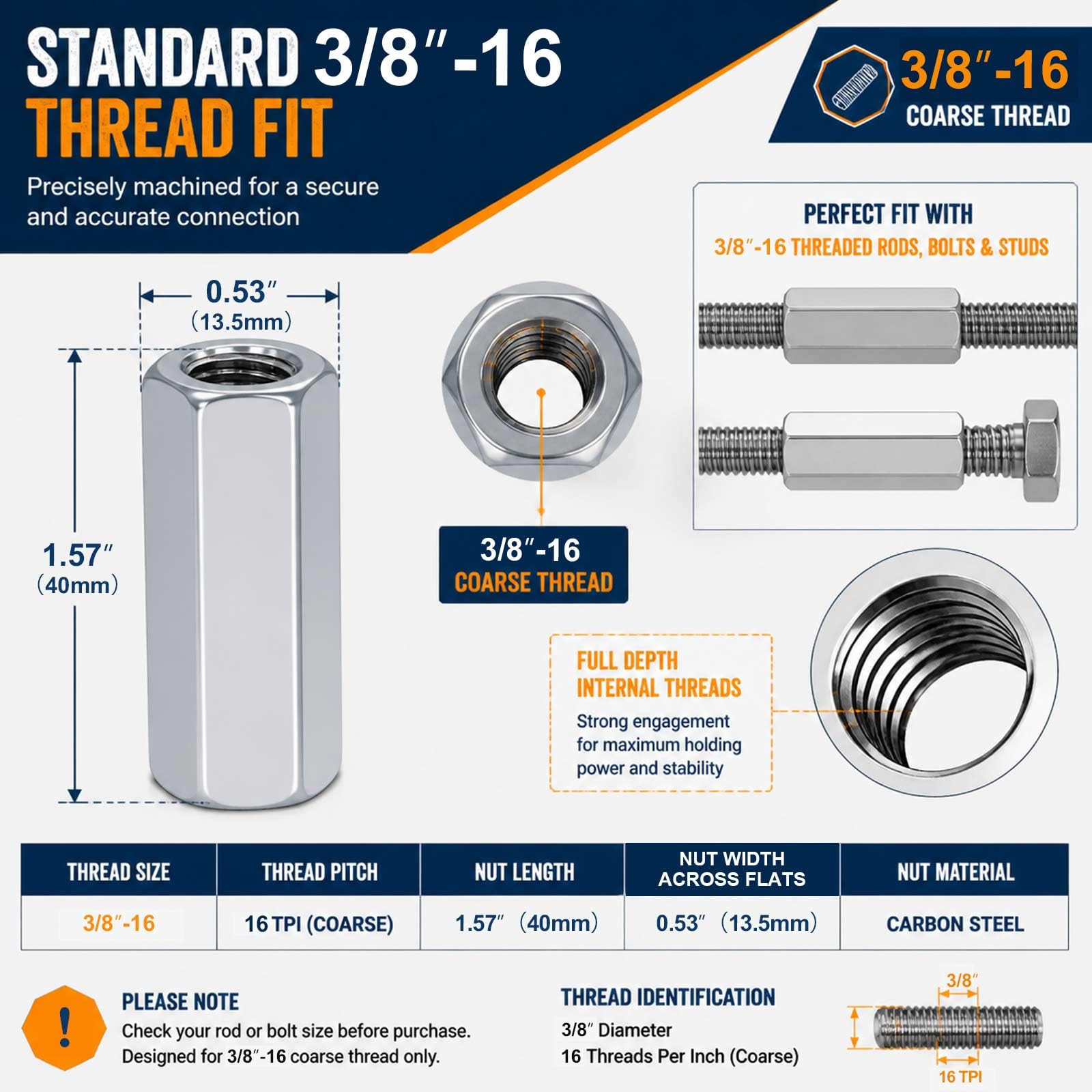 Carbon Steel Coupling Nuts - Extend Rods & Studs -2 Carbon Steel Coupling Nuts - Extend Rods & Studs -2