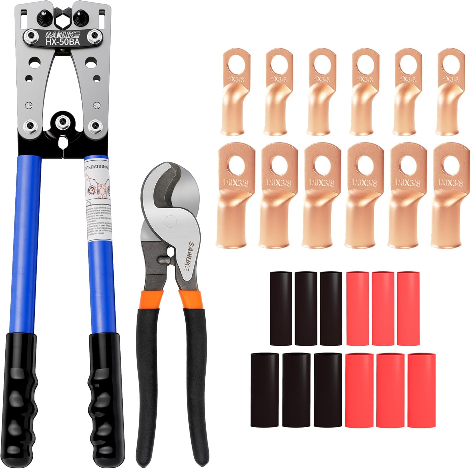 Sanuke Battery Cable Crimping Tool Kit with Cable Cutter, Wire Copper Lug Crimper for AWG 8-1/0, 12pcs 3/8'' Ring Terminals (4 & 0 gauge), 3:1 Dual-Wall Adhesive Heat Shrink Tubing