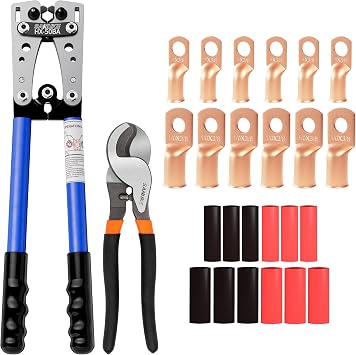 Sanuke Battery Cable Crimping Tool Kit with Cable Cutter, Wire Copper Lug Crimper for AWG 8-1/0, 12pcs 3/8 Ring Terminals 4 & 0 gauge, 31 Dual-Wall Adhesive Heat Shrink Tubing