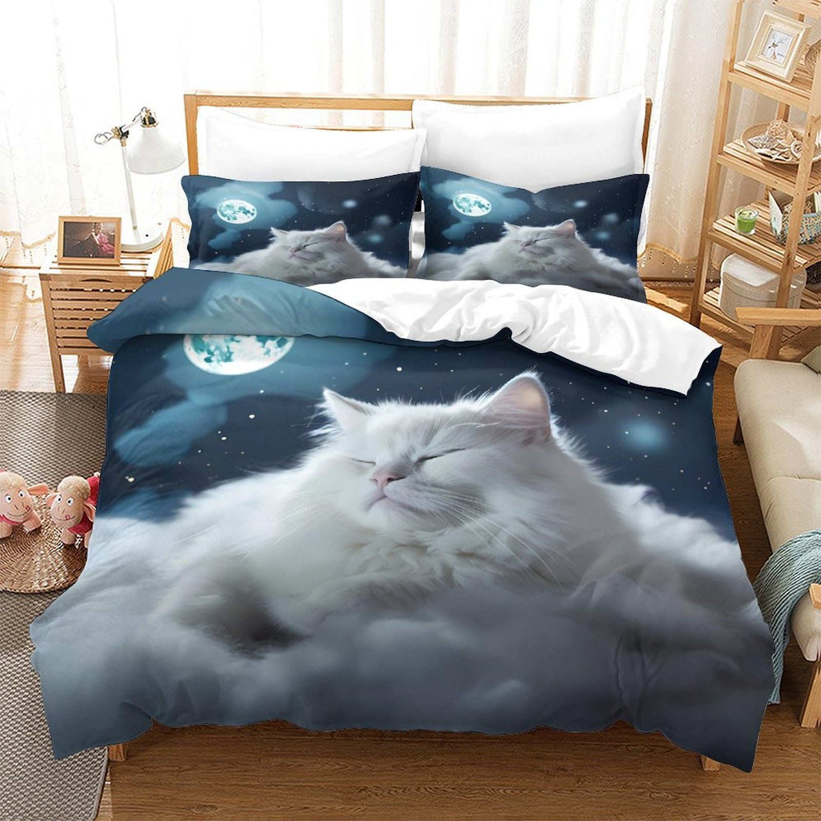 Whimsical Cat copripiumino 3 Pezzi stampa 3D microfibra morbida con federa Fantasia Night Set Di Copripiumino cerniera soffice ariosa for coppie Super king（260x220cm）