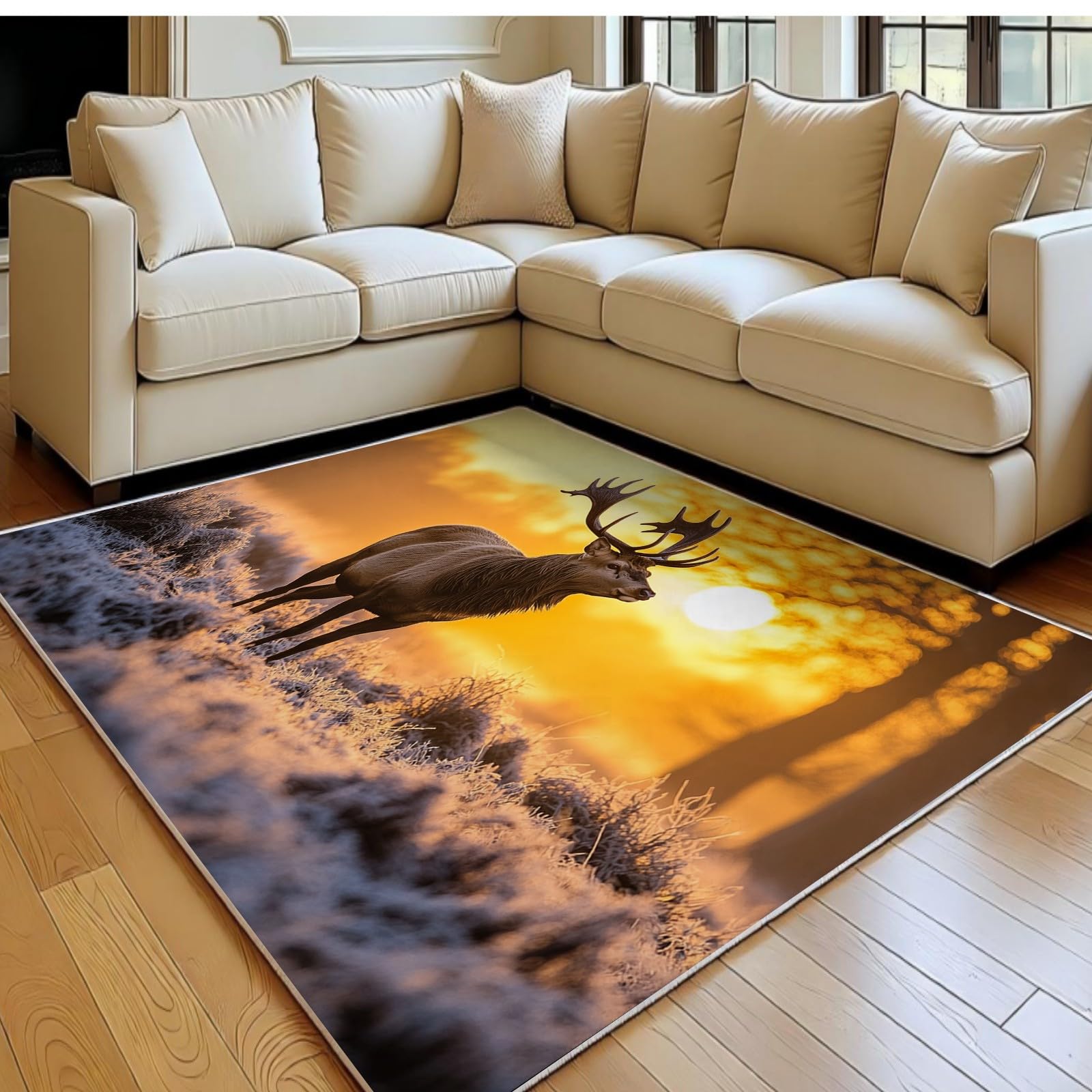 Grand tapis chambre et canapé 160x230 motif cerf or pour ambiance cocooning
