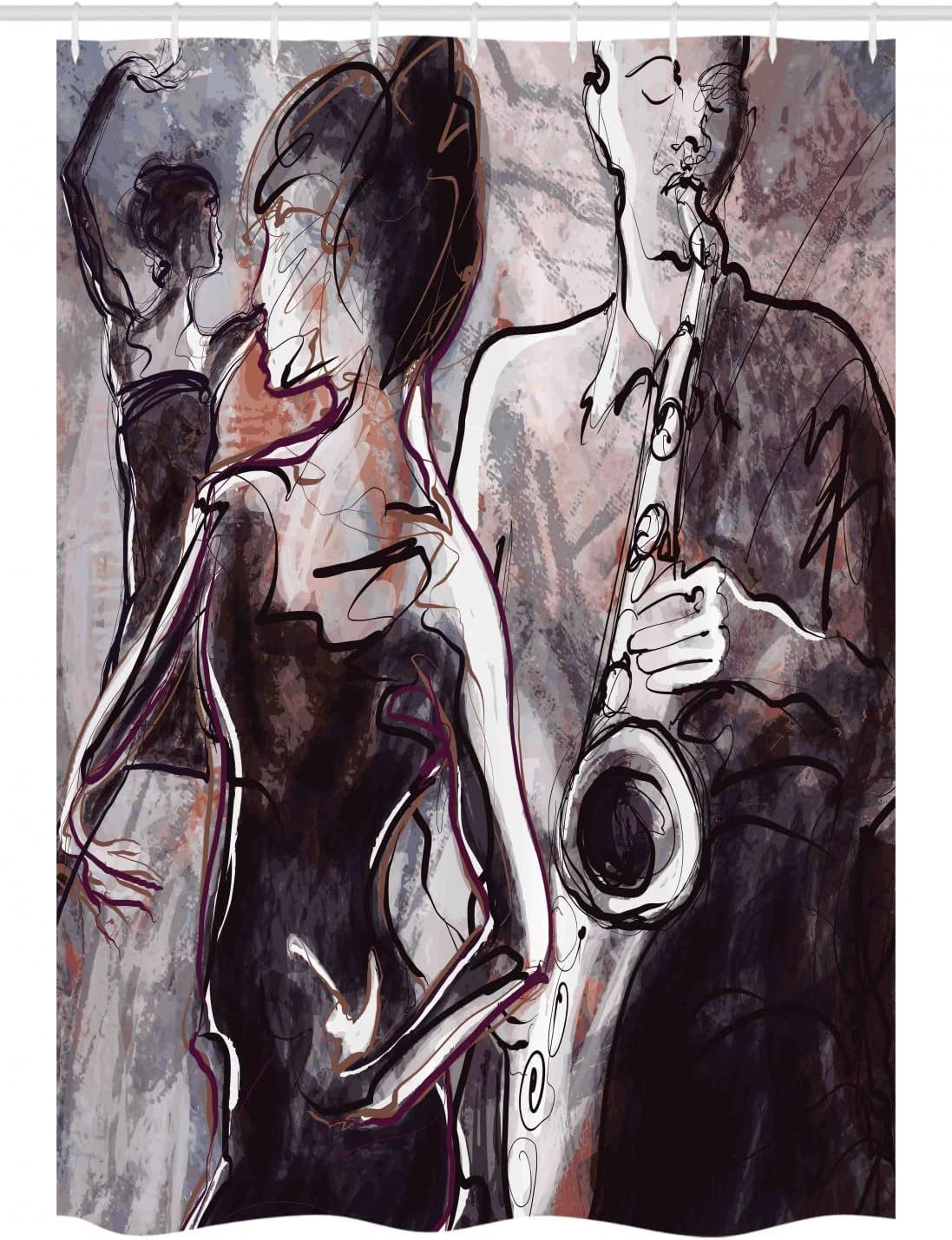 Ambesonne Music Stall Shower Curtain, Illustration of Jazz Man Playing The Saxophone with Dancers Classic Design, Fabric Bathroom Decor Set with Hooks, 54" W x 78" L, Pink Black White
