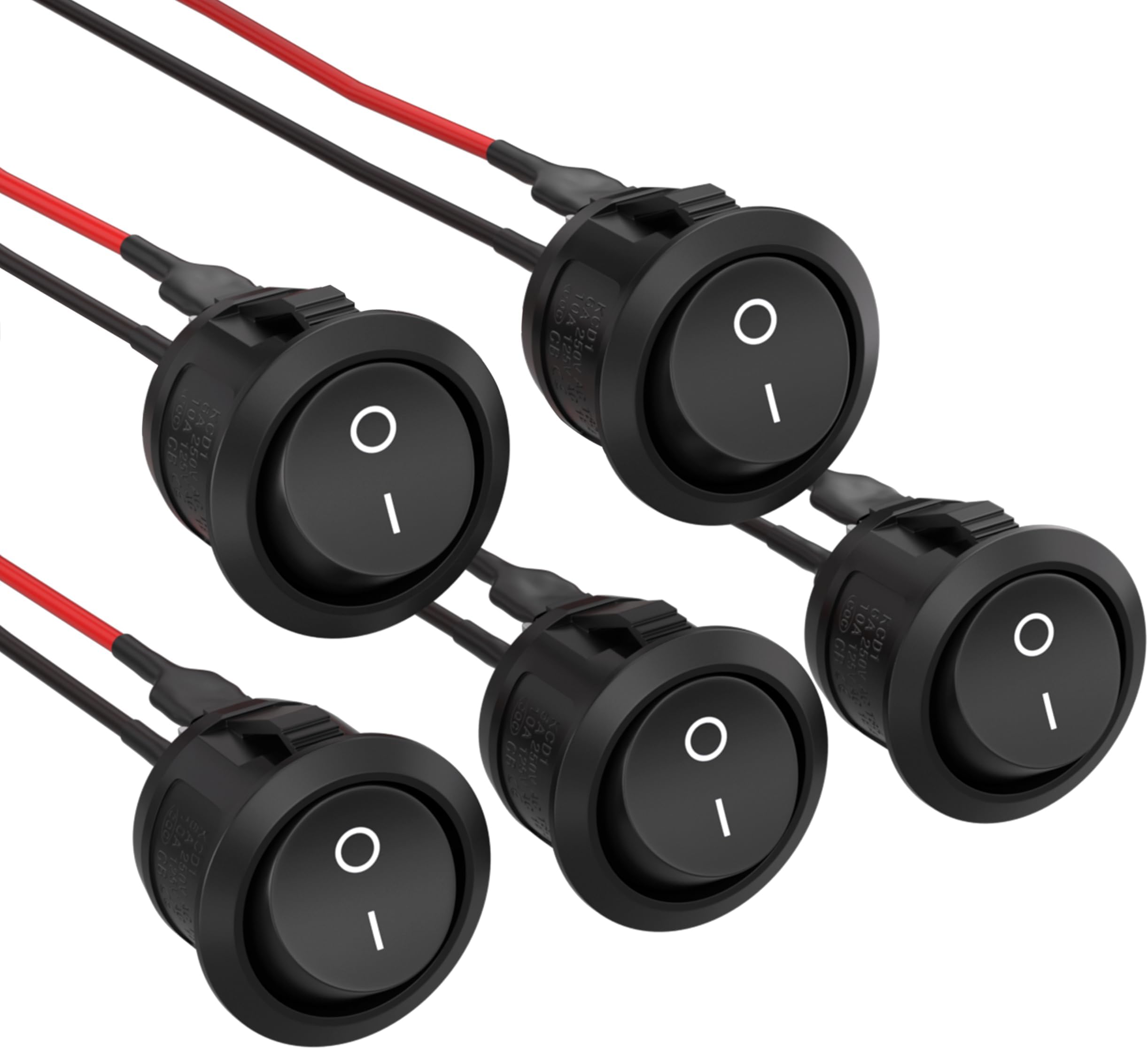 APIELE 5Pcs Rocker Switch ON Off KCD1 Mini Round Toggle Switch SPST 2Pin Snap-in Design Car Boat Automotive with Wires Pre-Wired AC 6A/250V 10A/125V 12VDC