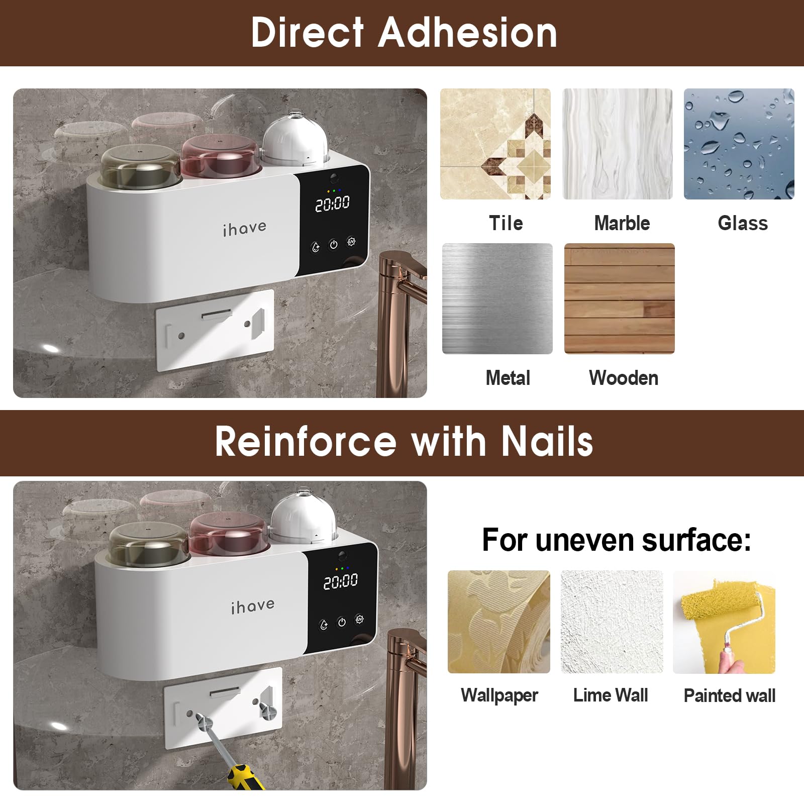 iHave Soporte para cepillos de dientes con desinfectante UV, difusor de aromaterapia y luz nocturna infrarroja, desinfección inteligente de crucero de 4 horas, secado combinado auxiliar, organizador